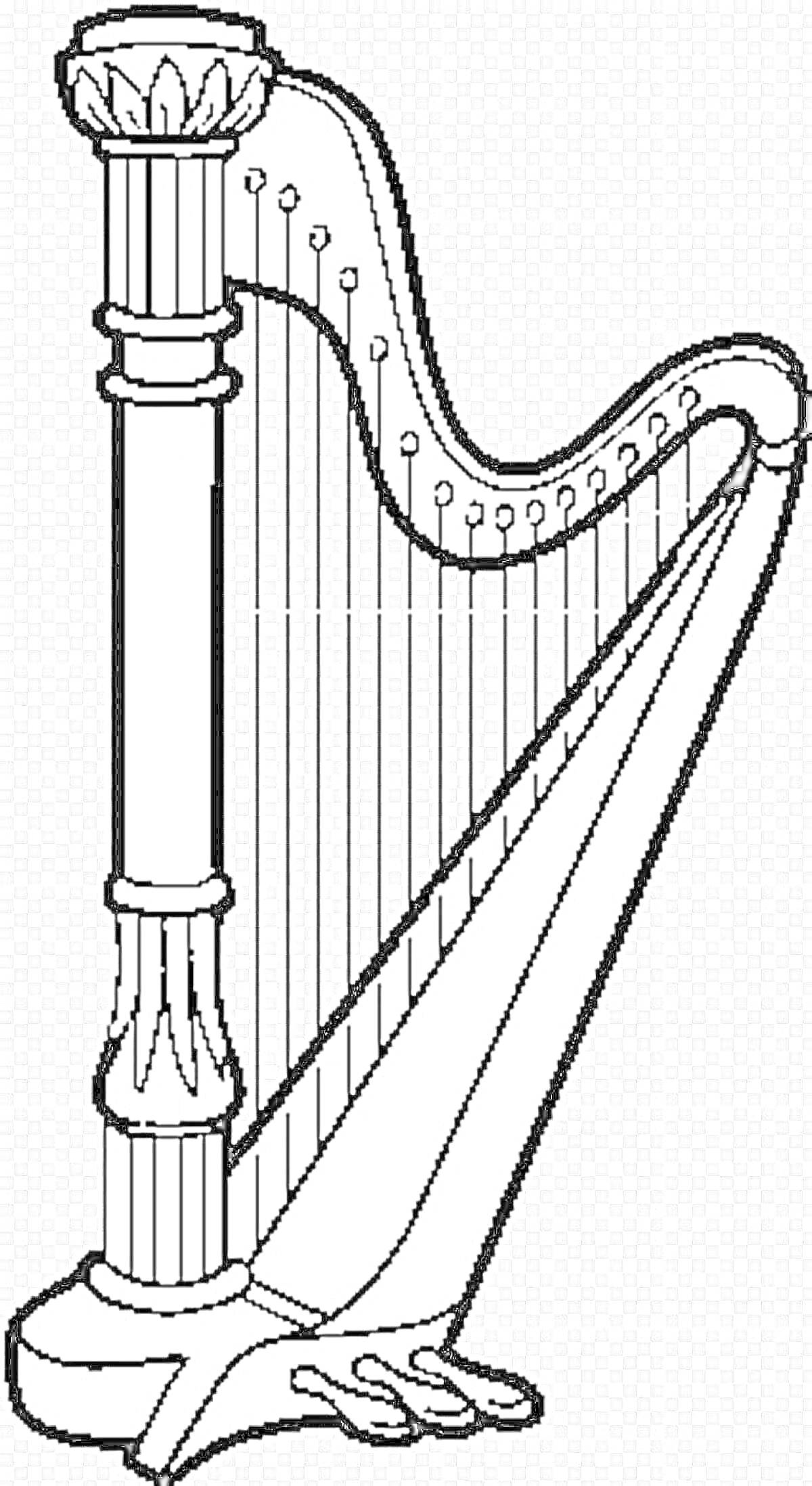 На раскраске изображено: Арфа, Музыкальный инструмент, Струны, Инструмент, Классическая музыка, Колонны