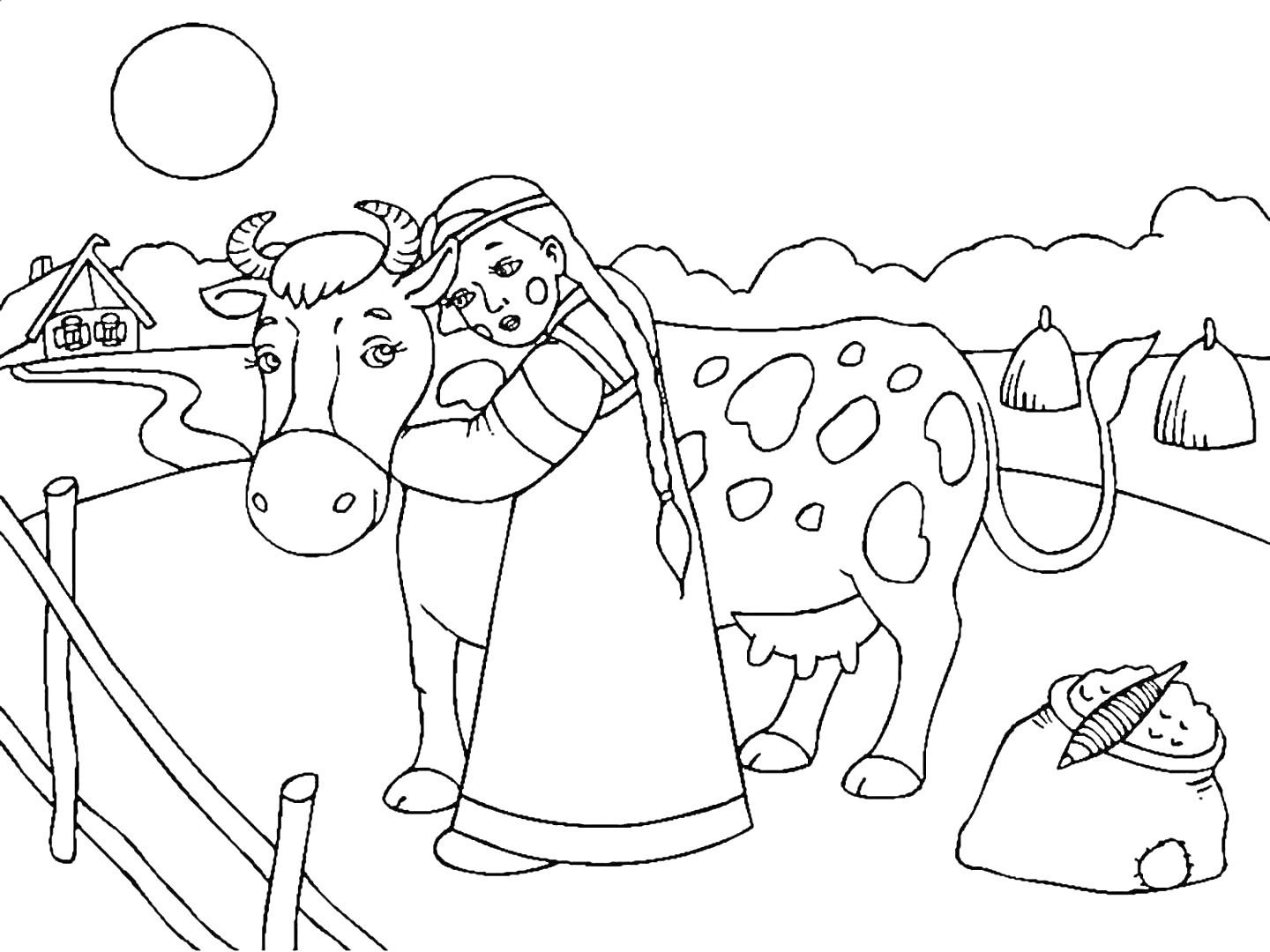 Девочка в национальном костюме обнимает корову на пастбище, рядом стог сена и спутанный веник, на заднем плане дом и солнце