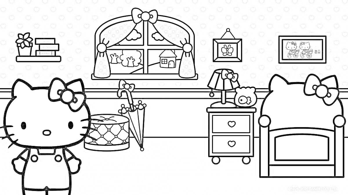 Раскраска Хеллоу Китти без одежды в комнате рядом с окном, кроватью и игрушками