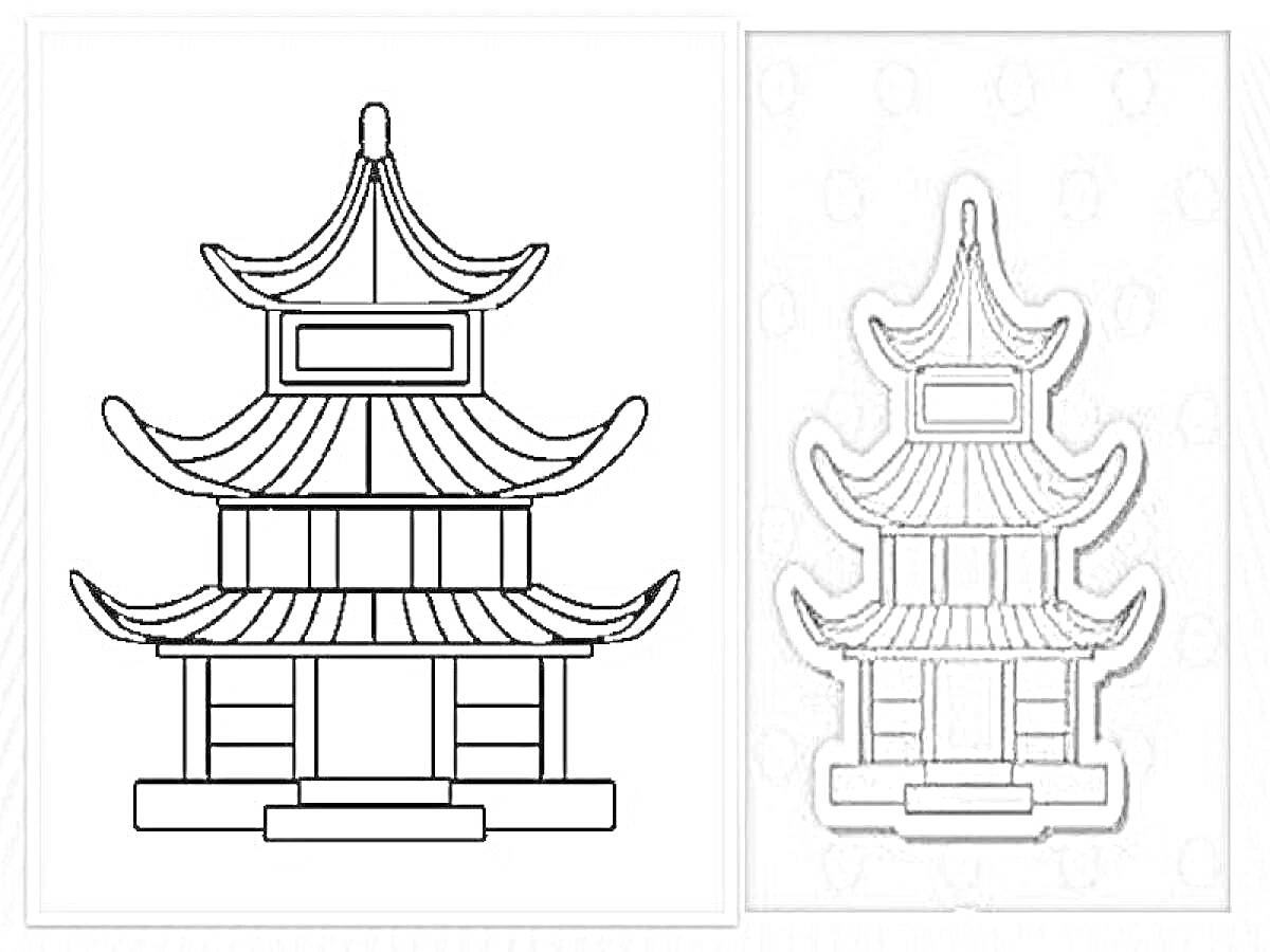 Раскраска Традиционная японская пагода с тремя уровнями, изображена на фоне с точки зрения фасада
