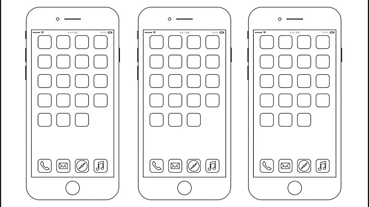 Раскраска Три айфона с иконками на экране, кнопка 