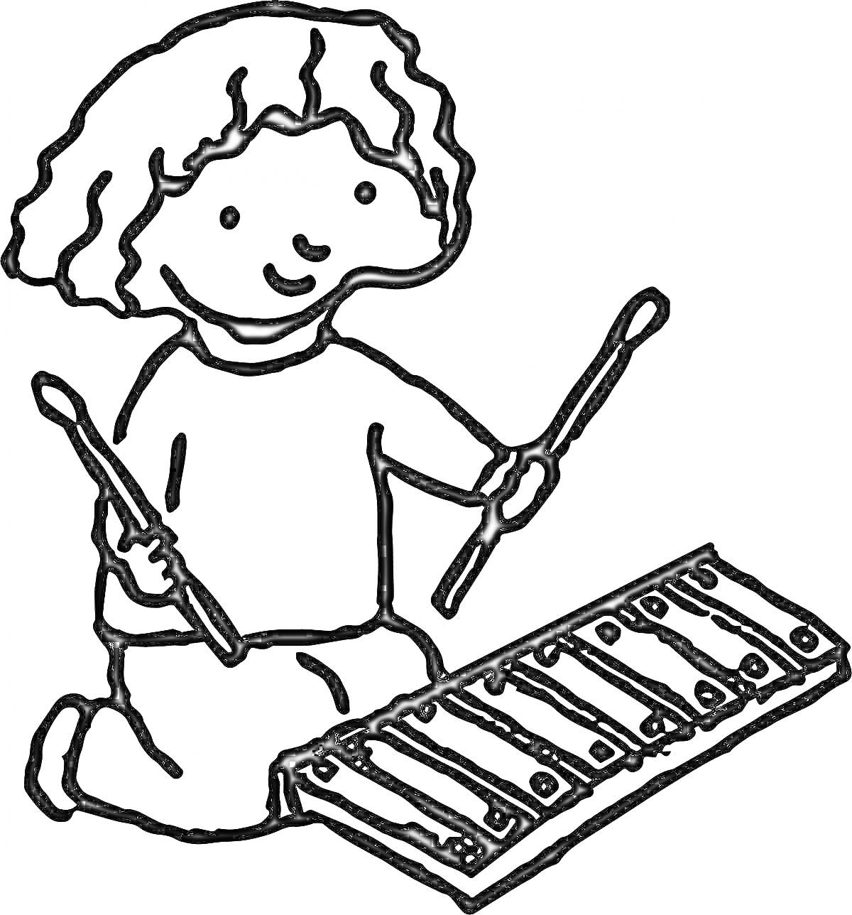 Раскраска ребенок с ксилофоном и палочками для игры