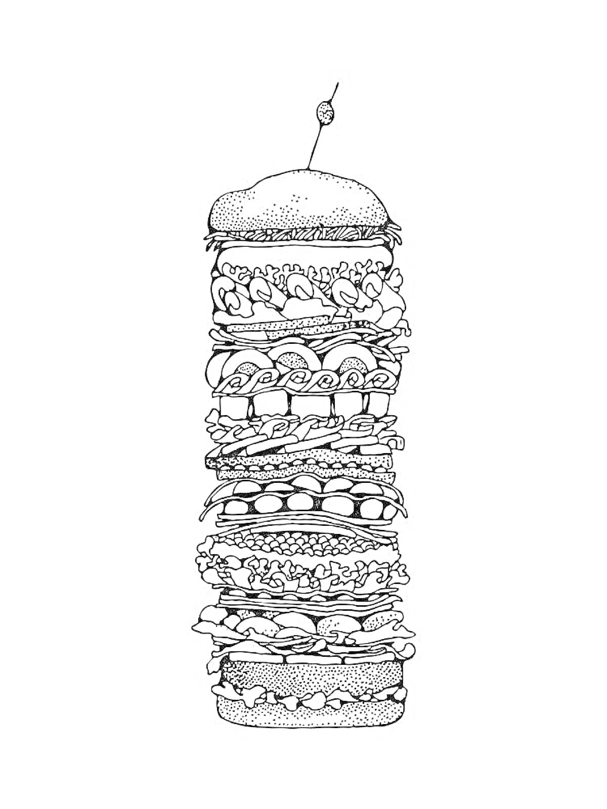 Раскраска Большой многослойный бургер с булочкой, капустой, помидорами, листом салата, сыром, ломтиками огурца, жареным беконом и сырным соусом