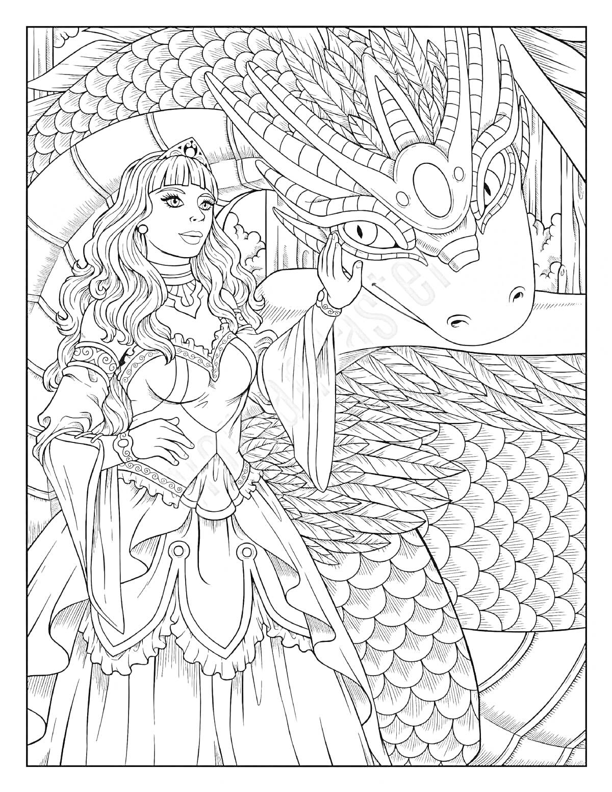 Раскраска Принцесса, гладящая дракона на фоне крепостной стены