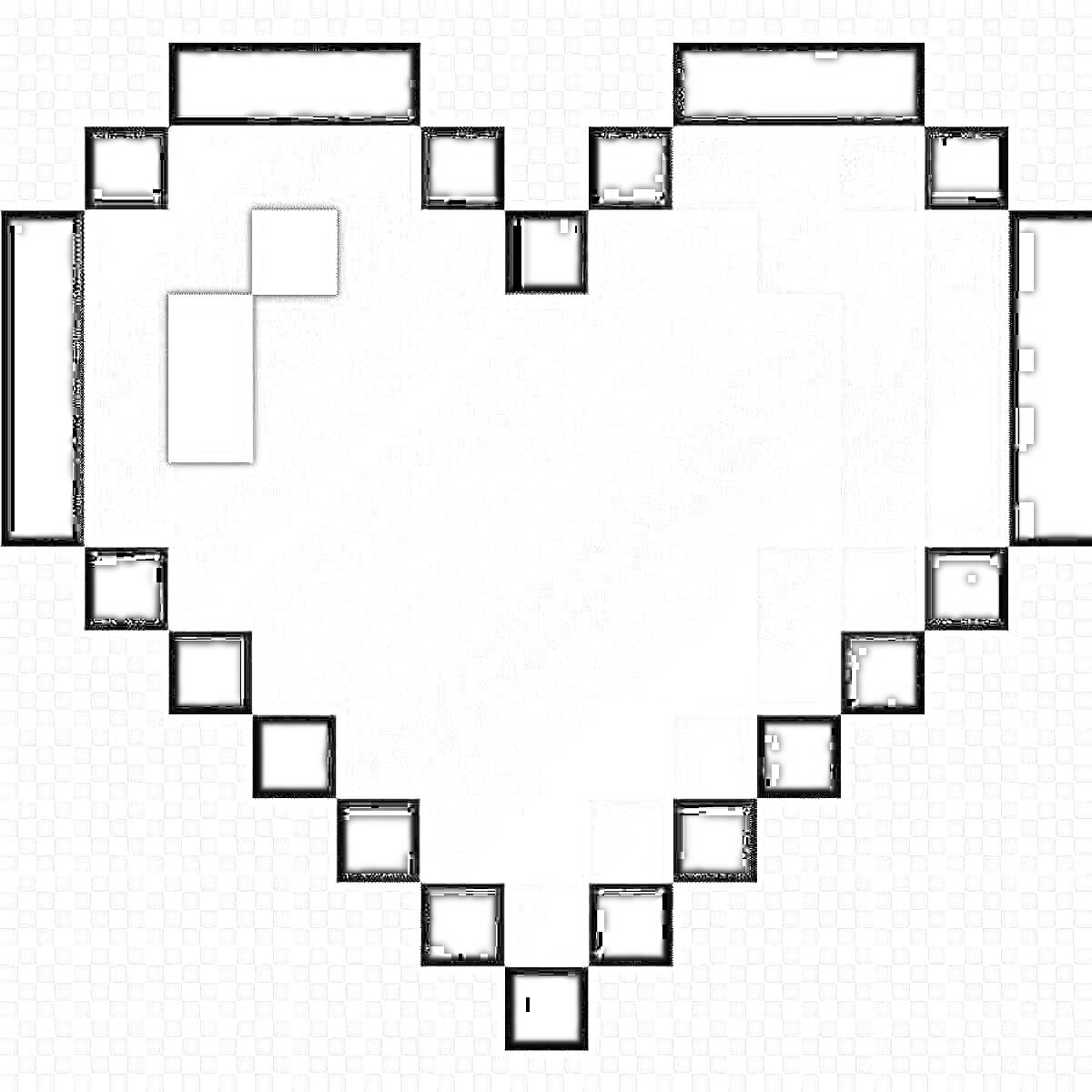 Раскраска Сердце в стиле Майнкрафт с пиксельным черно-белым дизайном