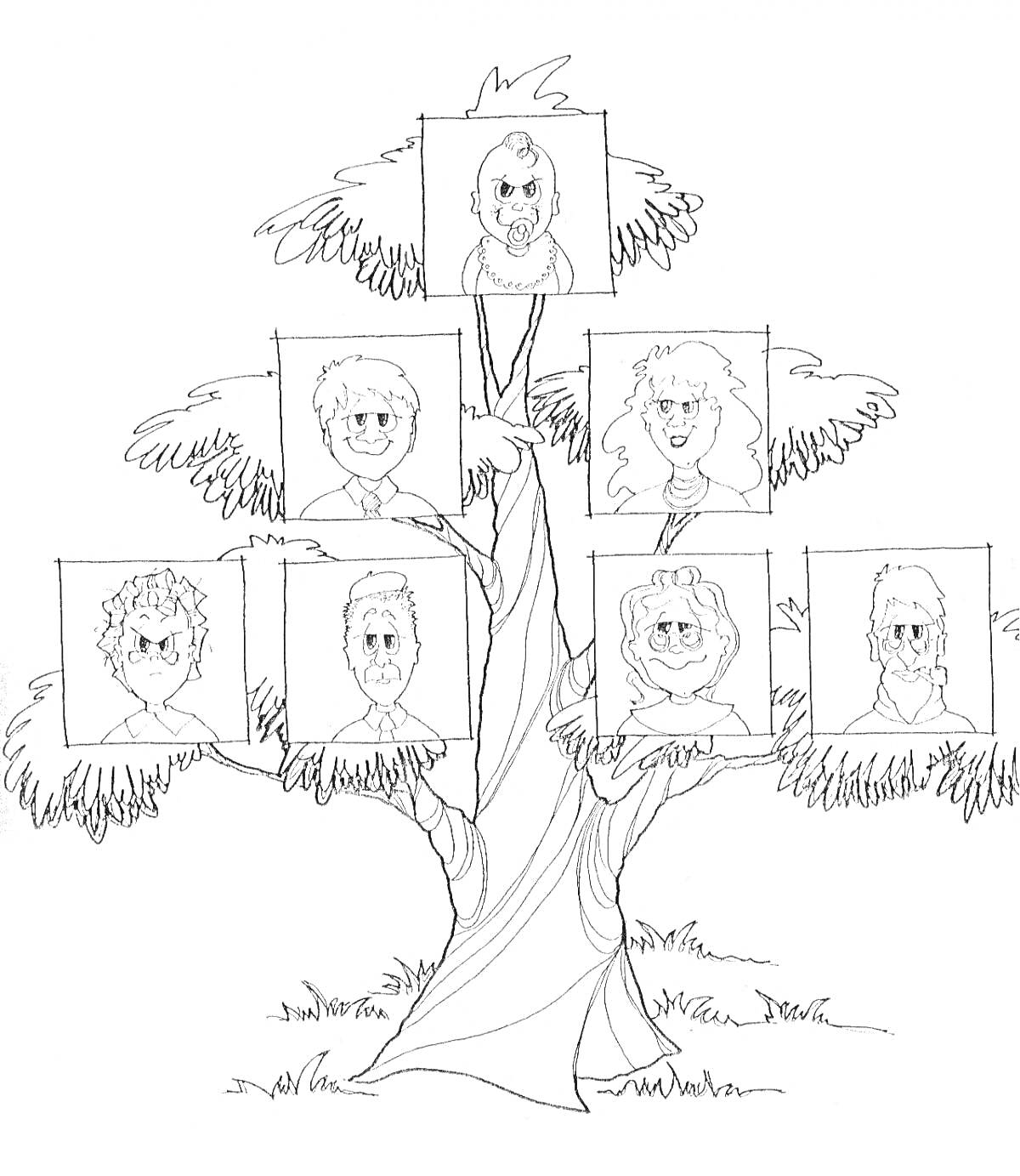 Раскраска Родословное древо семьи с детскими портретами