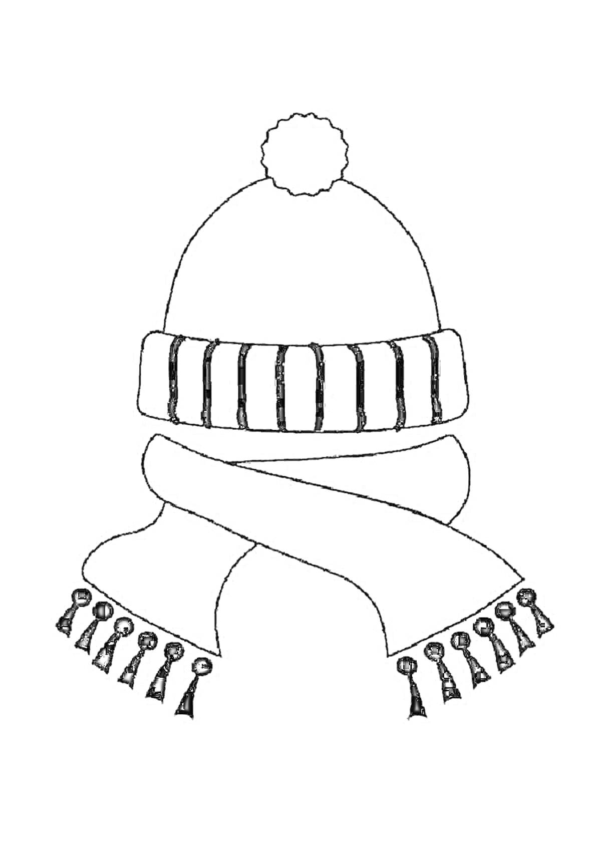 На раскраске изображено: Зимняя шапка, Шарф, Кисточки, Одежда для зимы