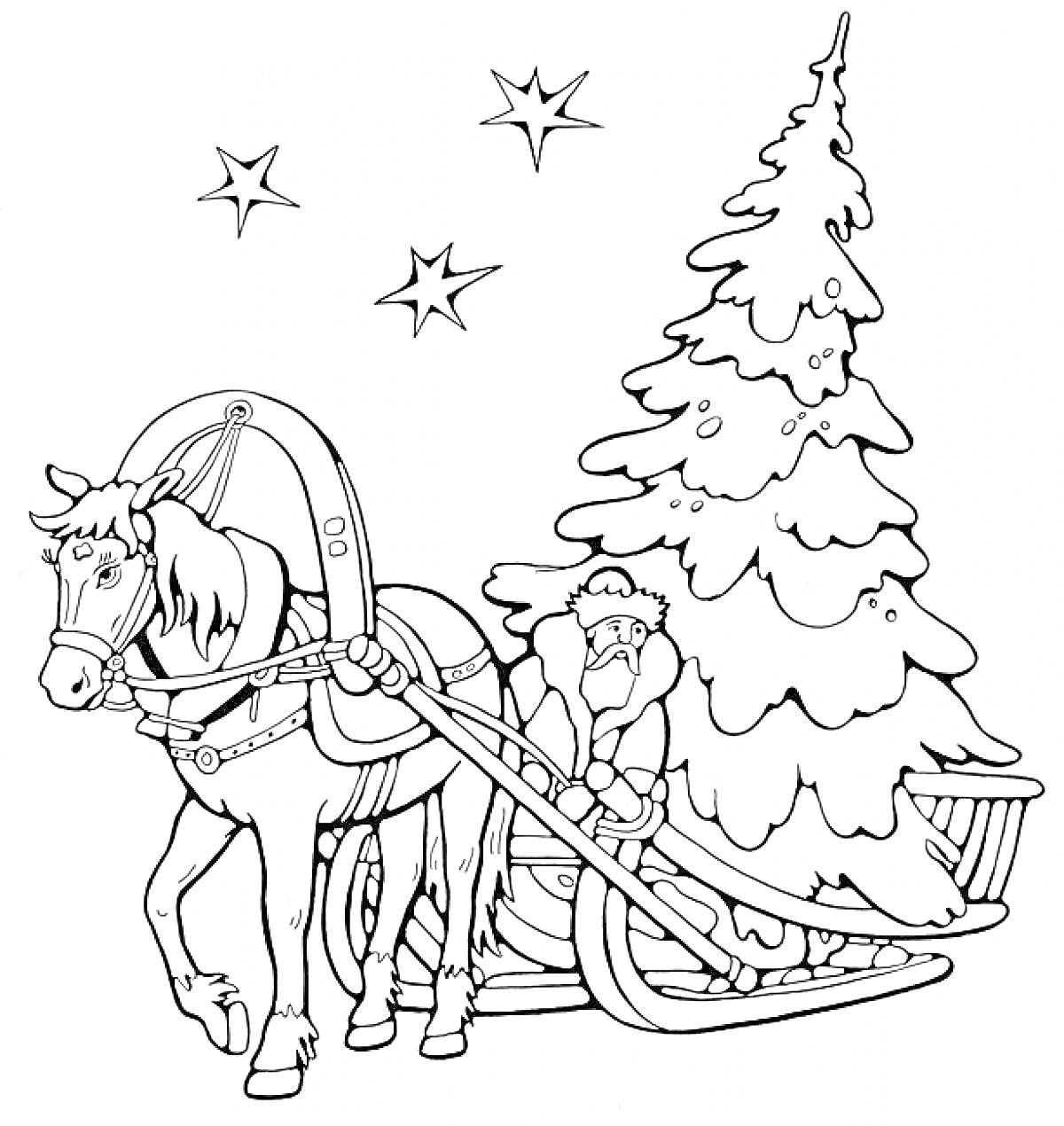 На раскраске изображено: Новый год, Лошадь, Сани, Дед Мороз, Звезды, Зима, Праздничное настроение, Елки