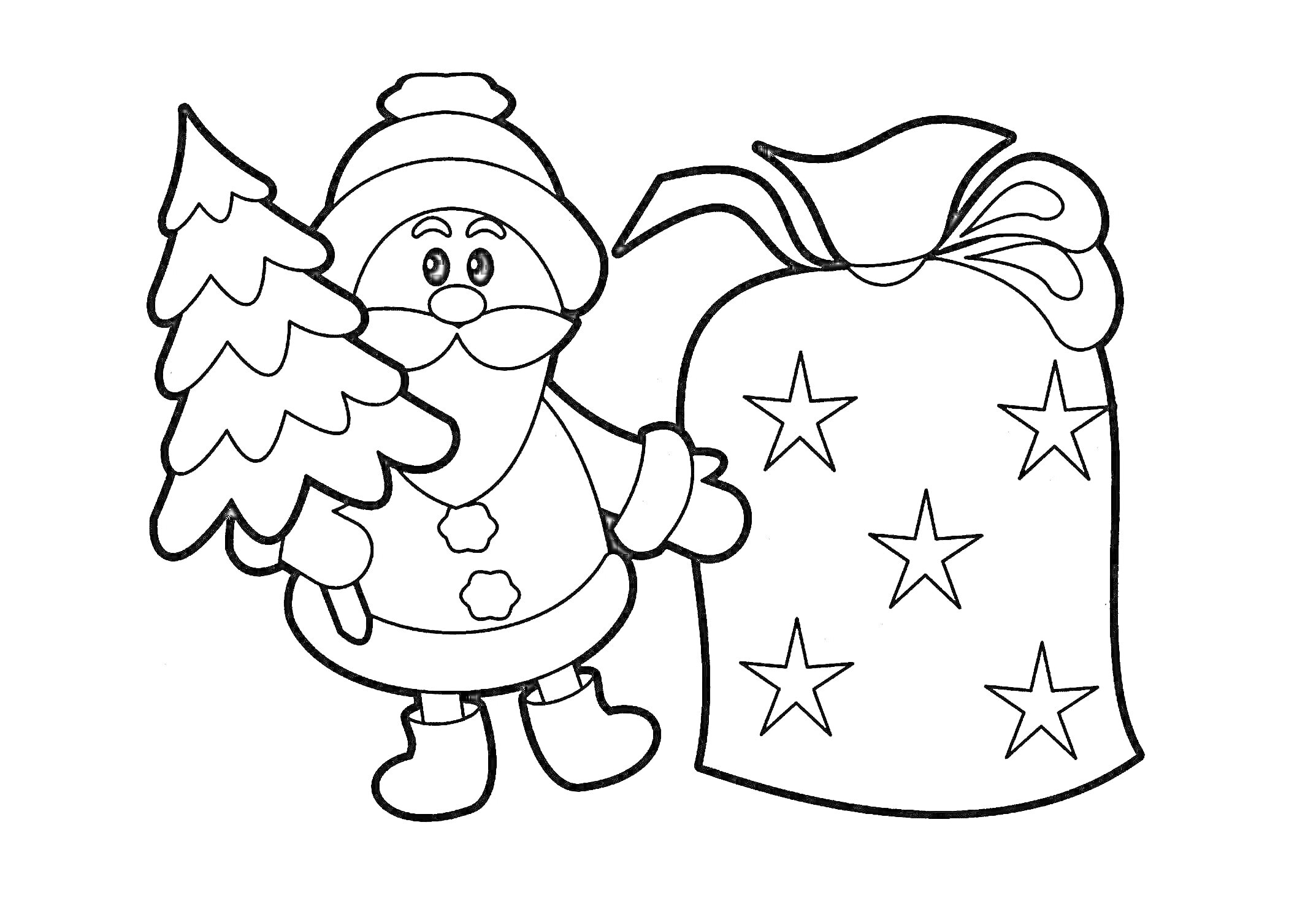 На раскраске изображено: Дед Мороз, Подарки, Новый год, Звезды, Зимняя сказка
