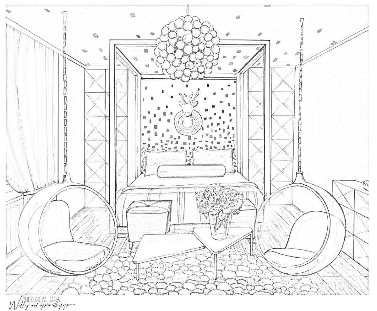 РаскраскаИнтерьер детской комнаты с подвесными креслами, диваном, кофейным столиком и люстрой