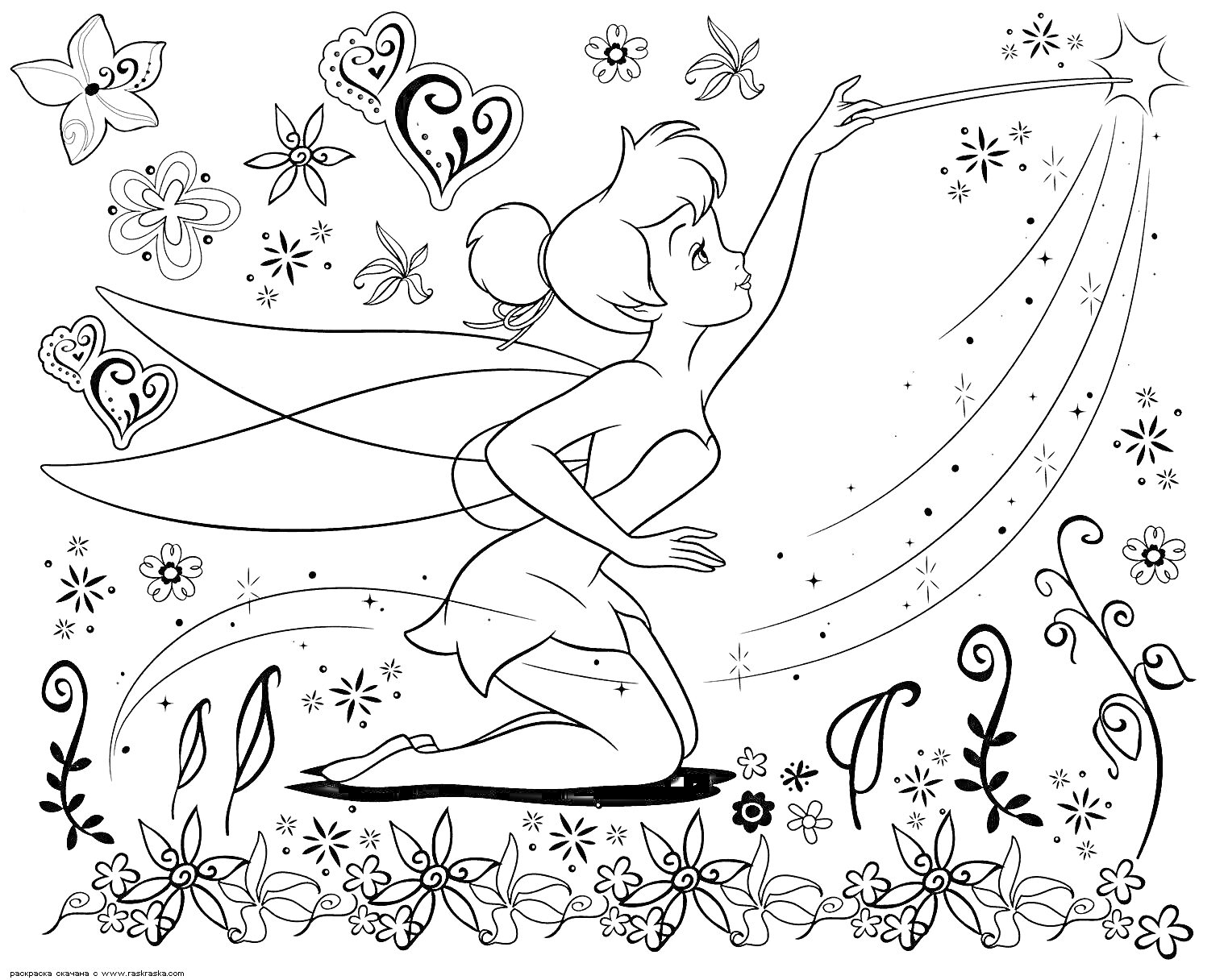 На раскраске изображено: Фея, Магия, Жезл, Цветы, Сердца, Стрекозы, Звезды, Волшебство