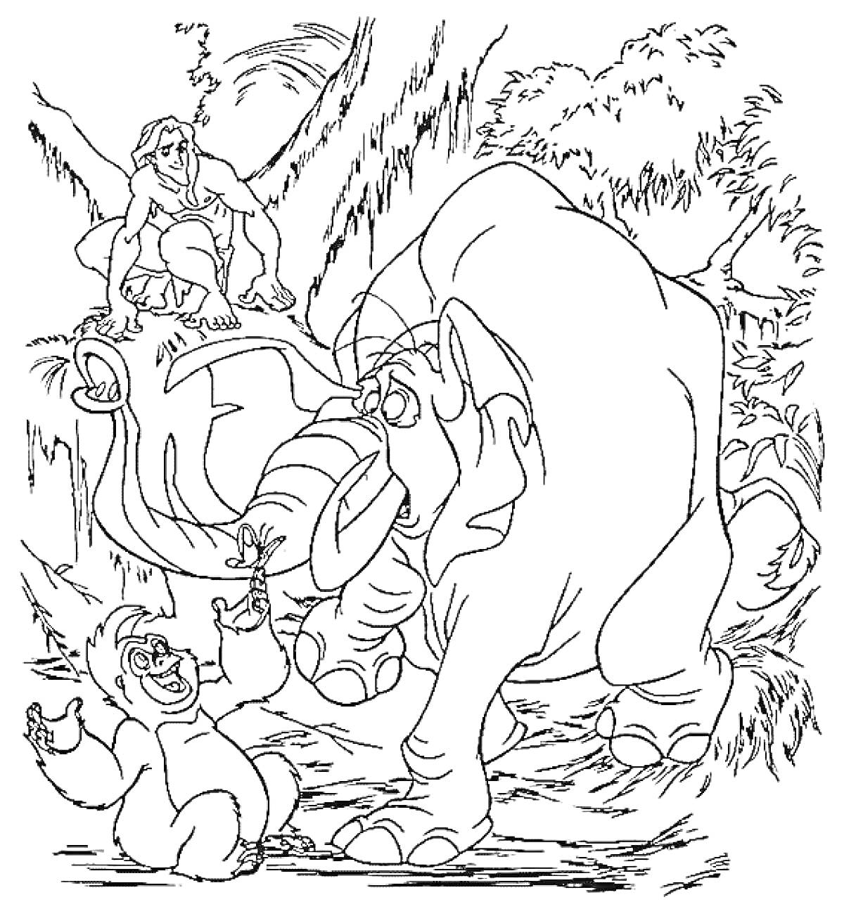 Раскраска Тарзан, слон, горилла на джунглевом фоне