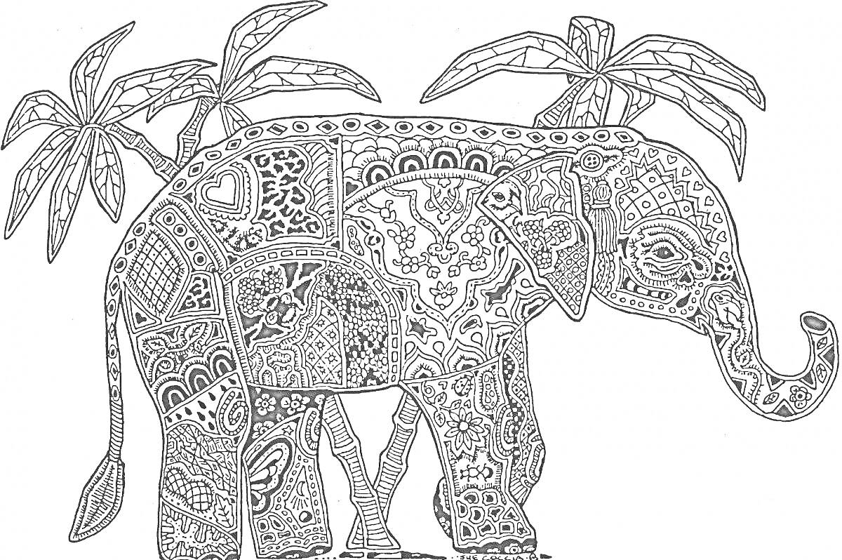 На раскраске изображено: Слон, Узоры, Пальмы, Антистресс, Природа, Этнический стиль