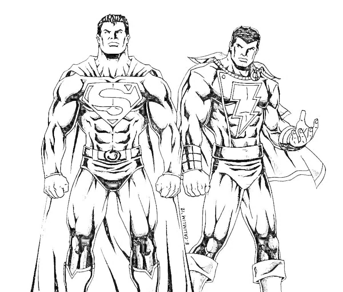 Раскраска Два супергероя в костюмах с плащами, стоящие рядом; один с буквой 