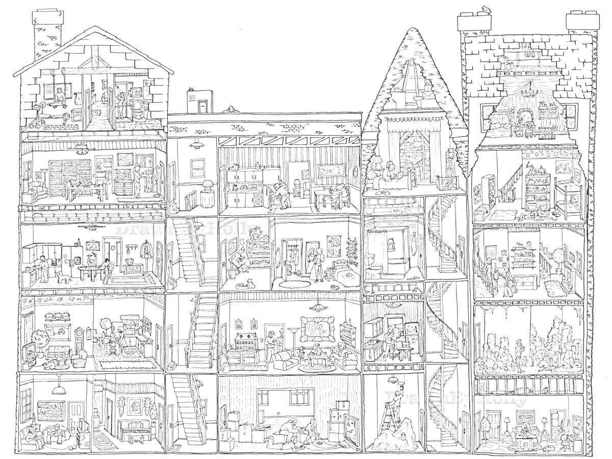 Раскраска Детализированный дом в разрезе с обитателями и мебелью на каждом этаже