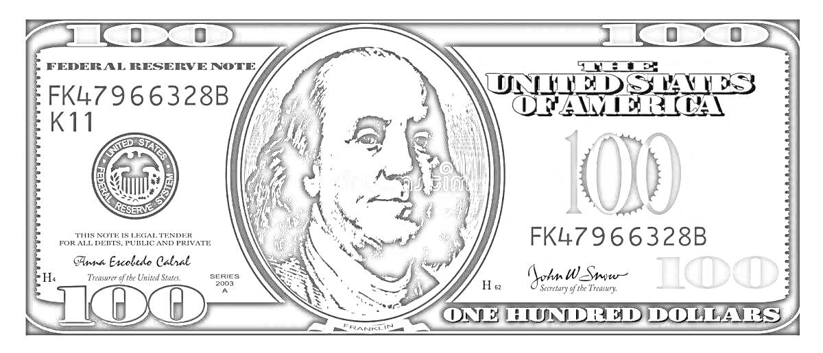 Раскраска купюры 100 долларов США с портретом, серийным номером, печатями и надписями