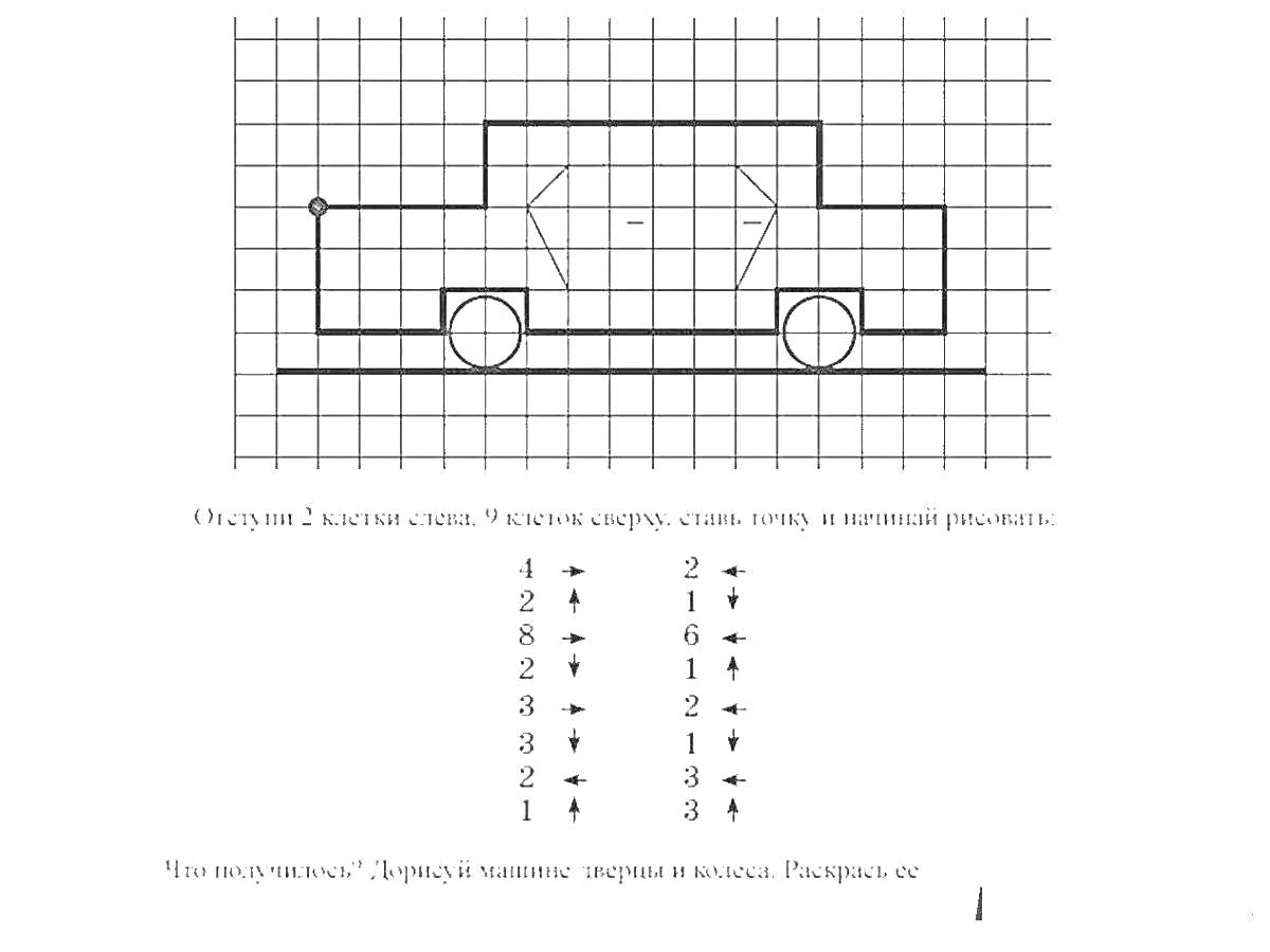 На раскраске изображено: Графический диктант, Окна, Колёса, Сетка