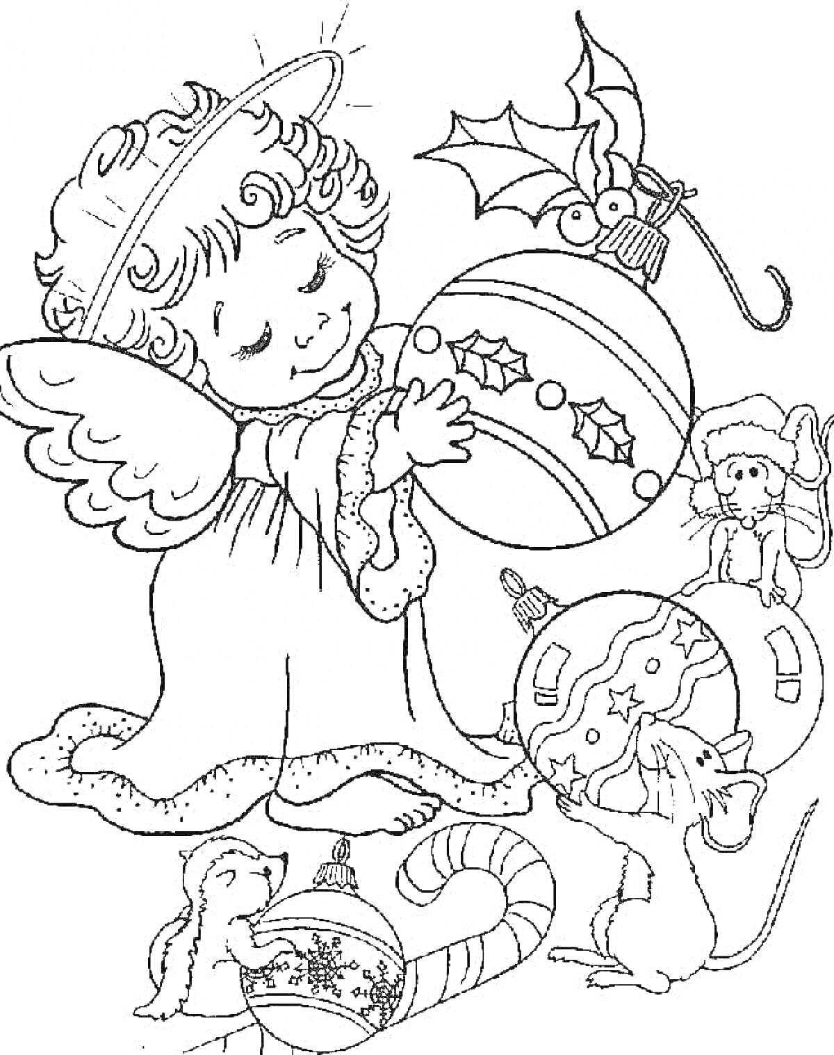 Раскраска Ангел с рождественскими шарами и игрушками, мышь, белка