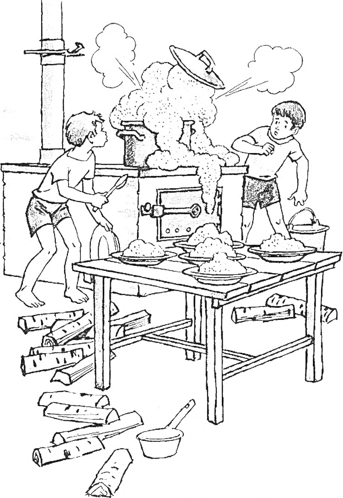 На раскраске изображено: Кухня, Печка, Каша, Дым, Стол, Дрова