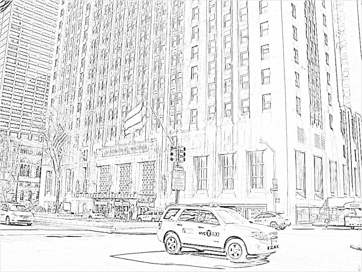Раскраска Небоскрёбы и такси на улице Нью-Йорка