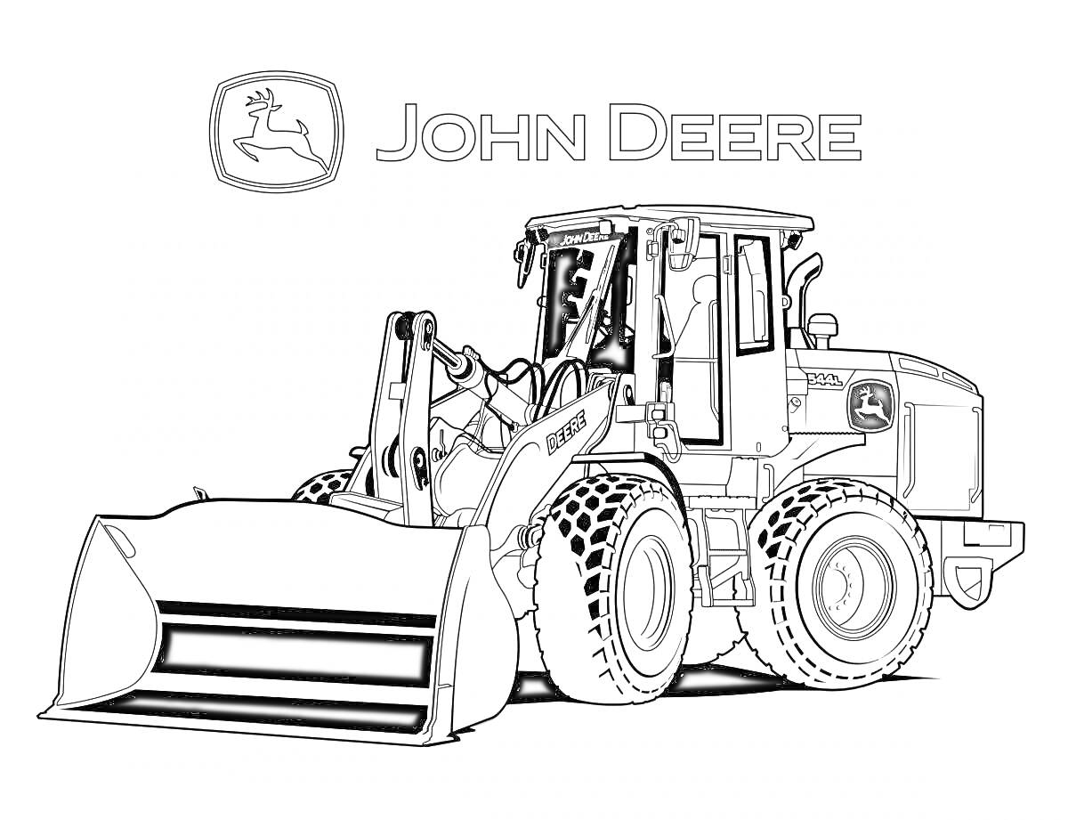 Раскраска трактор John Deere с ковшом, логотип и надпись John Deere