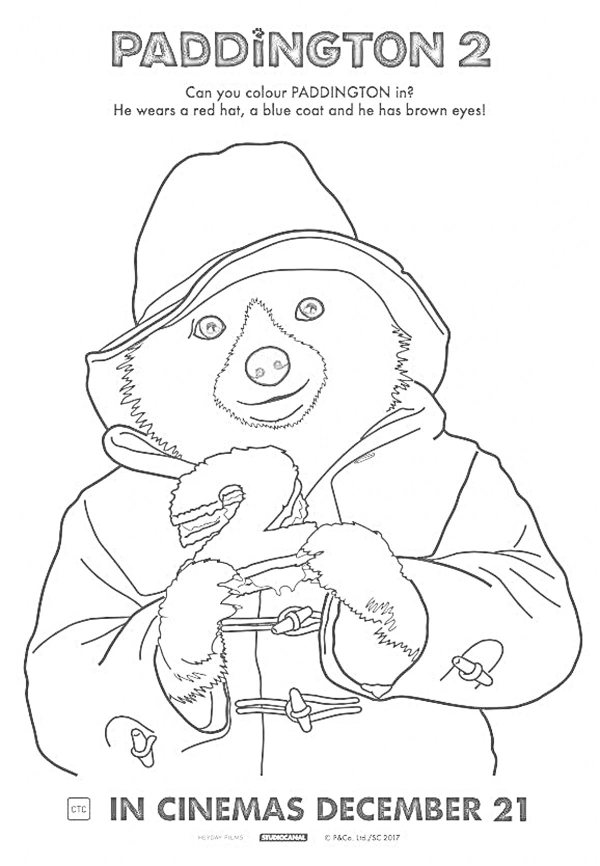 На раскраске изображено: Паддингтон, Медведь, Шляпа, Сэндвич, Пальто, Кино, Постер