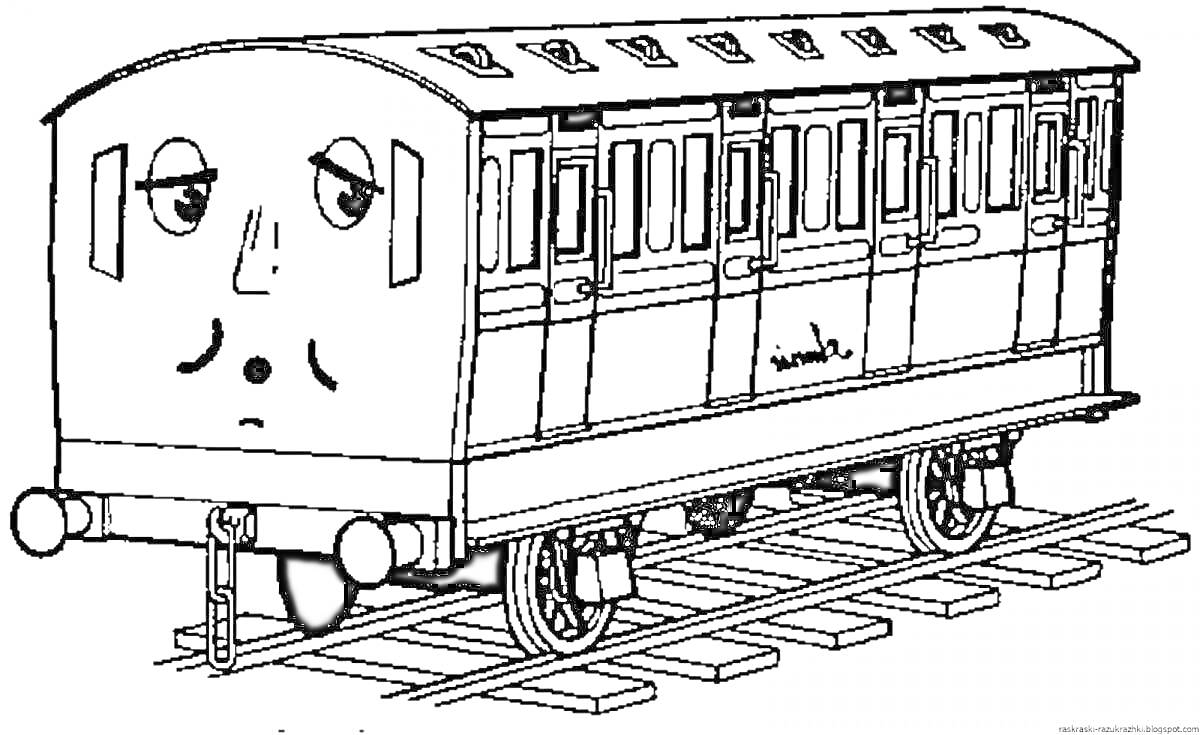 На раскраске изображено: Железнодорожные пути, Окна, Крыша, Вентиляционные отверстия, Лицо, Транспорт, Поезд