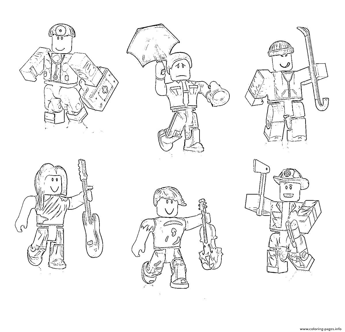 Раскраска Аватары Roblox с различными предметами (лицом с киркой, игрок с гитарой, лицо с зонтом, персонаж с лопатой, пользователь с киркой и топором, аватар с лопатой)