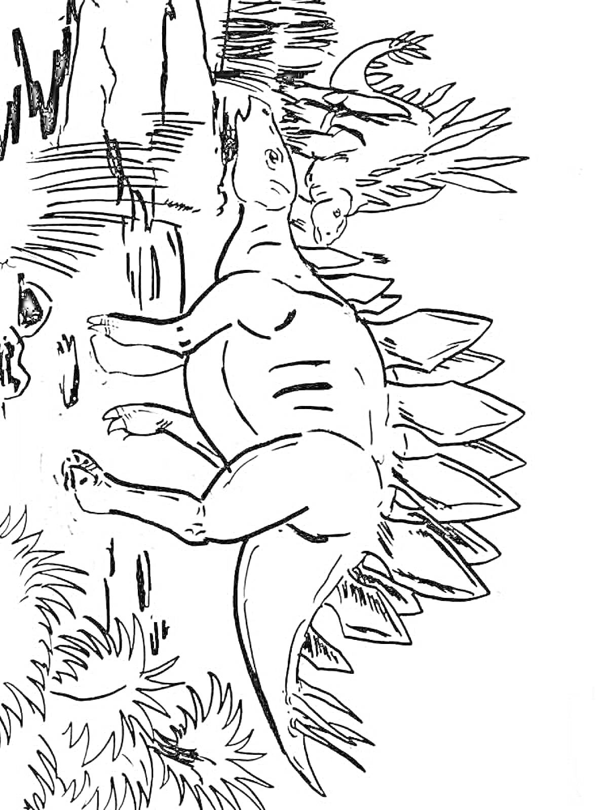 Раскраска Два динозавра возле скал и растений