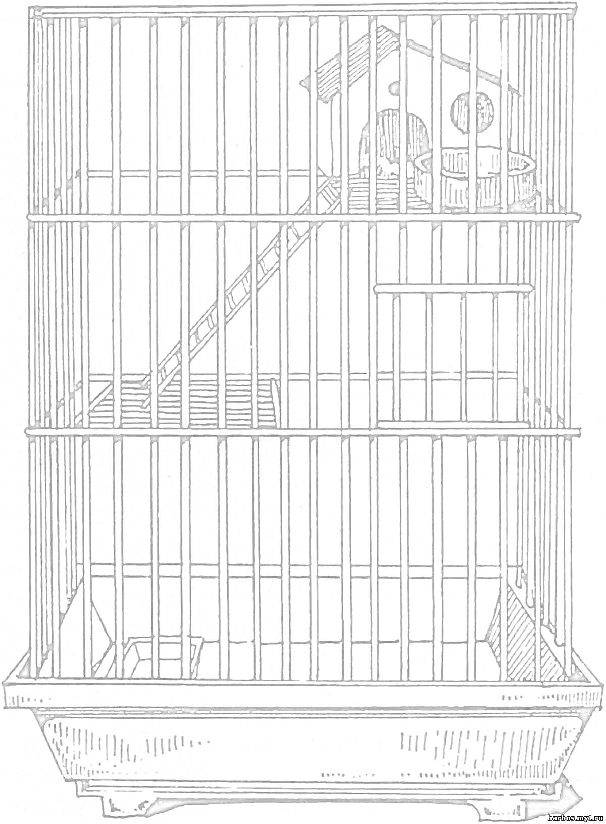 Раскраска Хомяк в клетке с домиком, лестницей и колесом