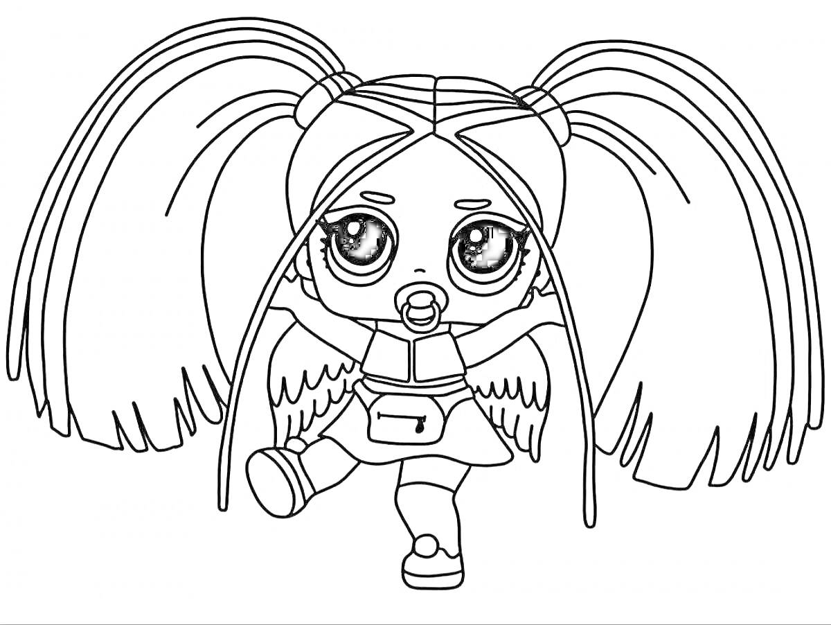 Раскраска кукла лол с крыльями, длинные волосы, соска, поясная сумка, поднимает одну ногу