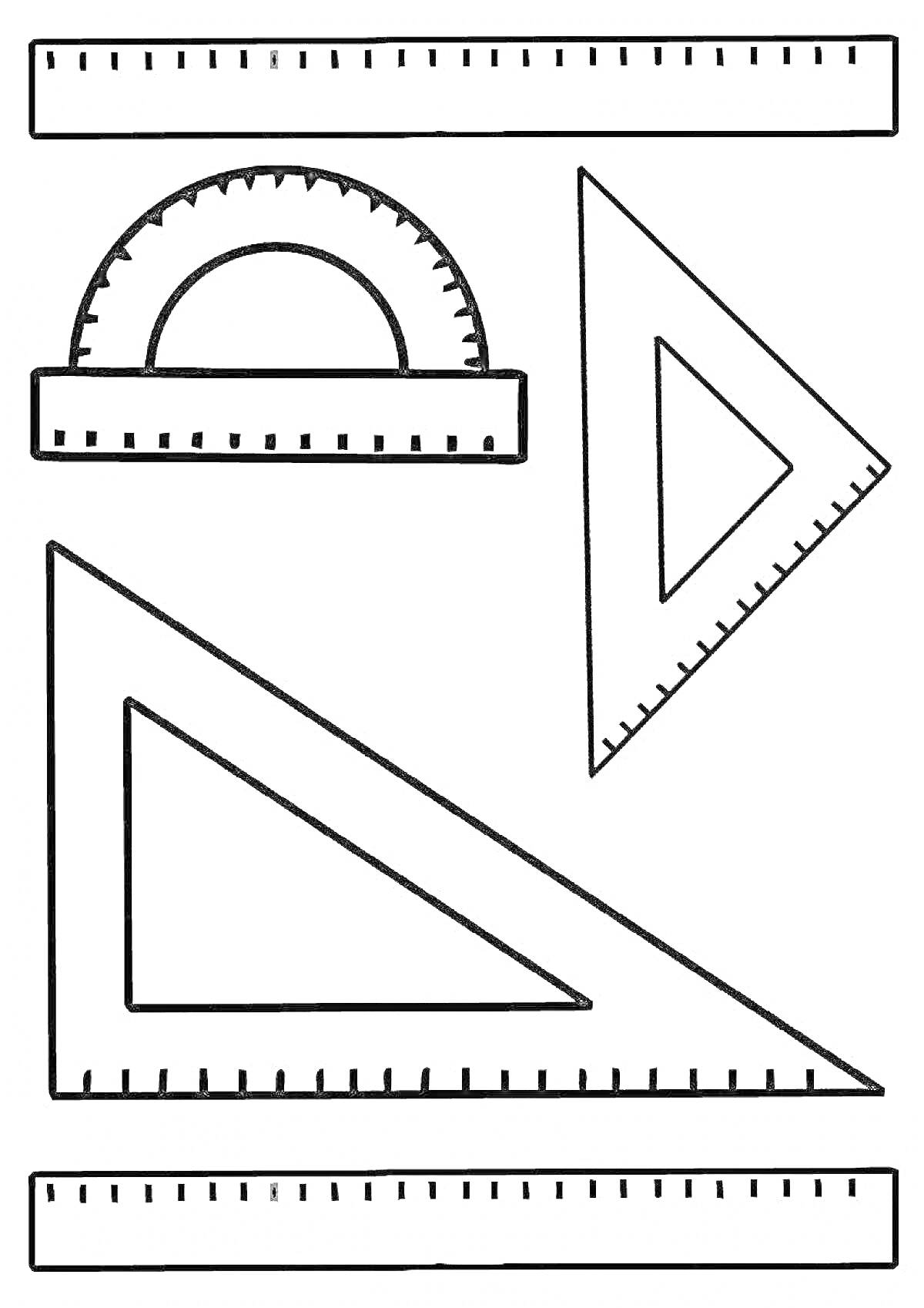 Раскраска Линейка, транспортир и угольники