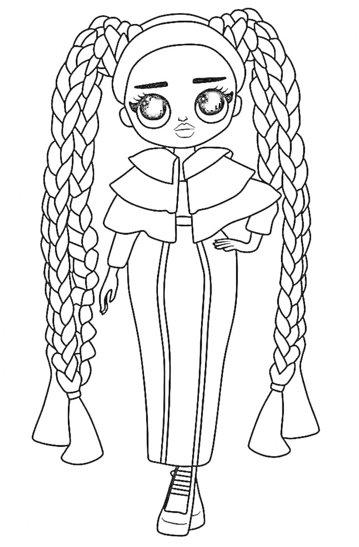 Раскраска Кукла ЛОЛ с длинными косичками и длинным пуховиком