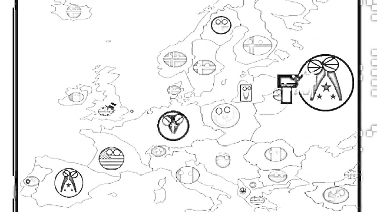 Раскраска Карта Европы с персонажами countryballs, изображёнными на каждой стране