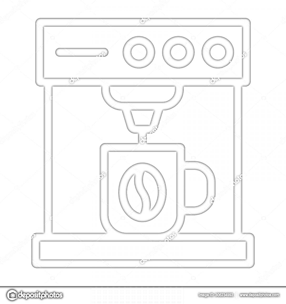 Раскраска Кофемашина с чашкой, украшенной символом кофейного зерна, элементы управления