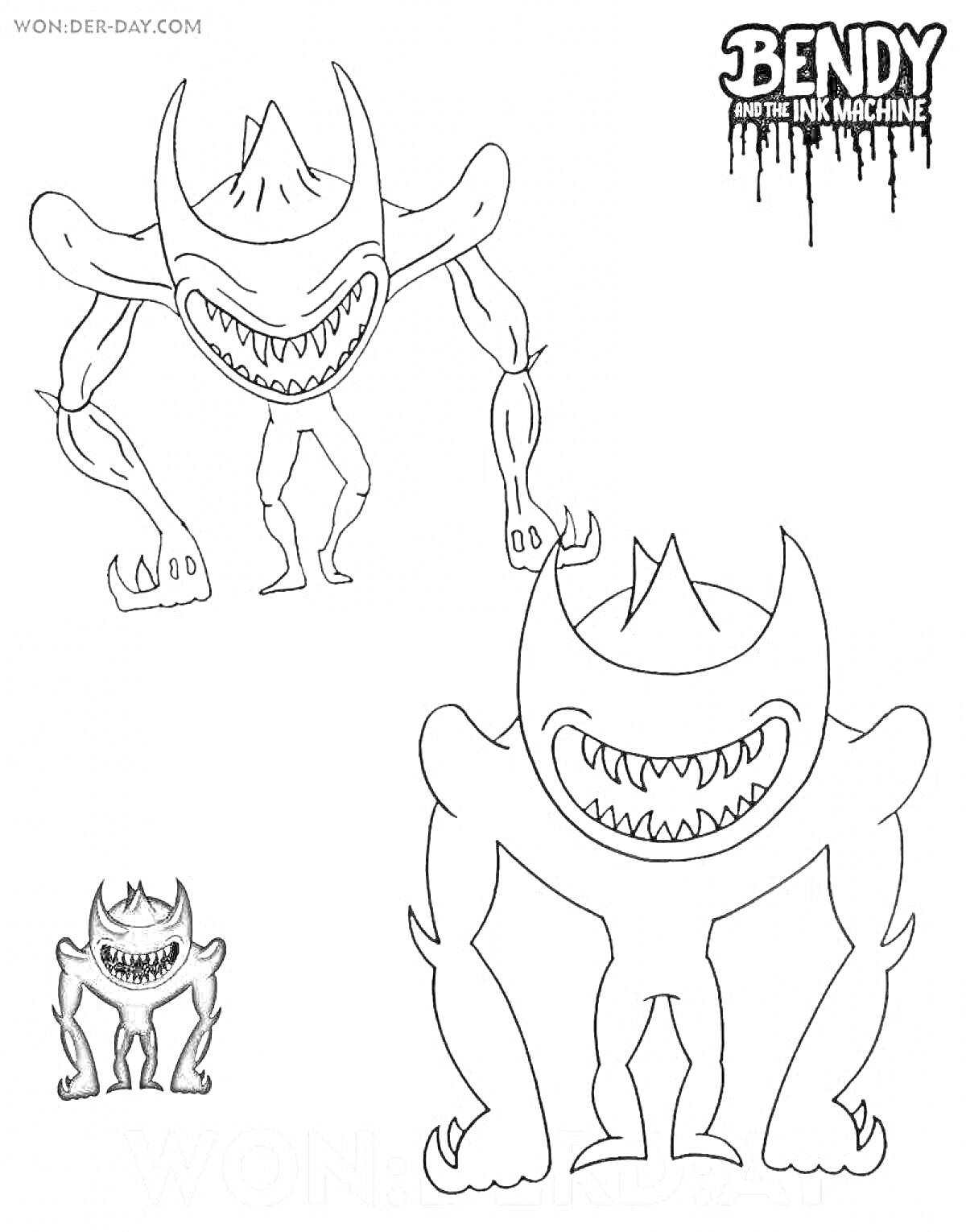 Раскраска Бенди с острыми зубами, изогнутыми ножками и мускулистыми руками, два больших рисунка и один маленький черный рисунок