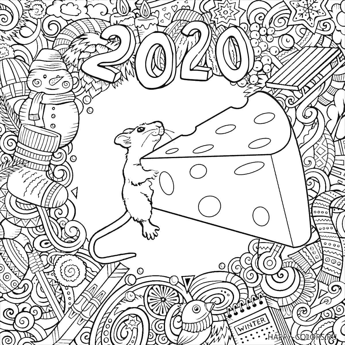 На раскраске изображено: 2020, Мышь, Сыр, Новогодние украшения, Подарки, Елочные игрушки, Зима, Календарь, Чулки, Снежинки, Снеговики