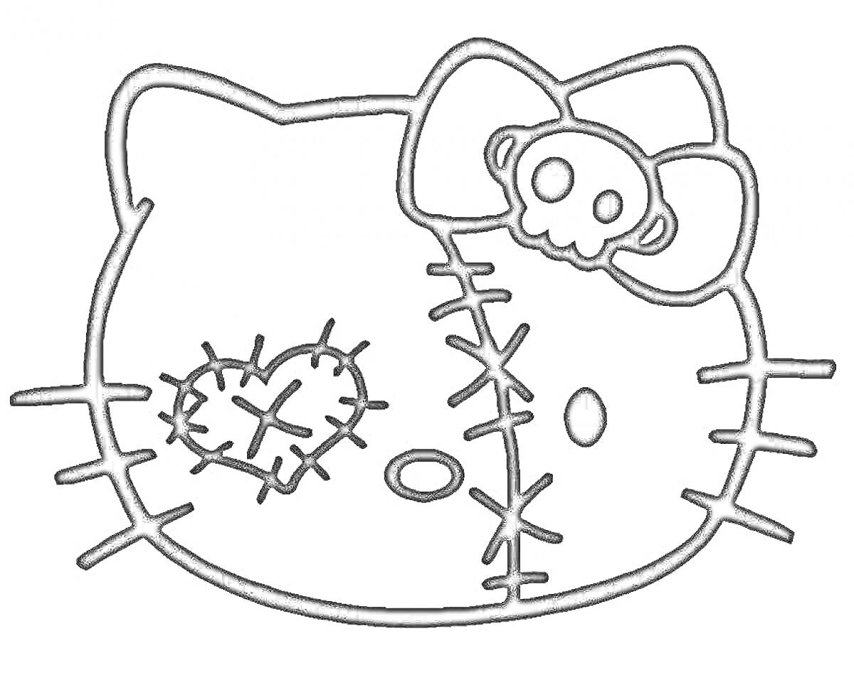 Раскраска Милая голова Хелло Китти с заплаткой в форме сердца, стилизованным шрамом на лице и бантиком с черепом