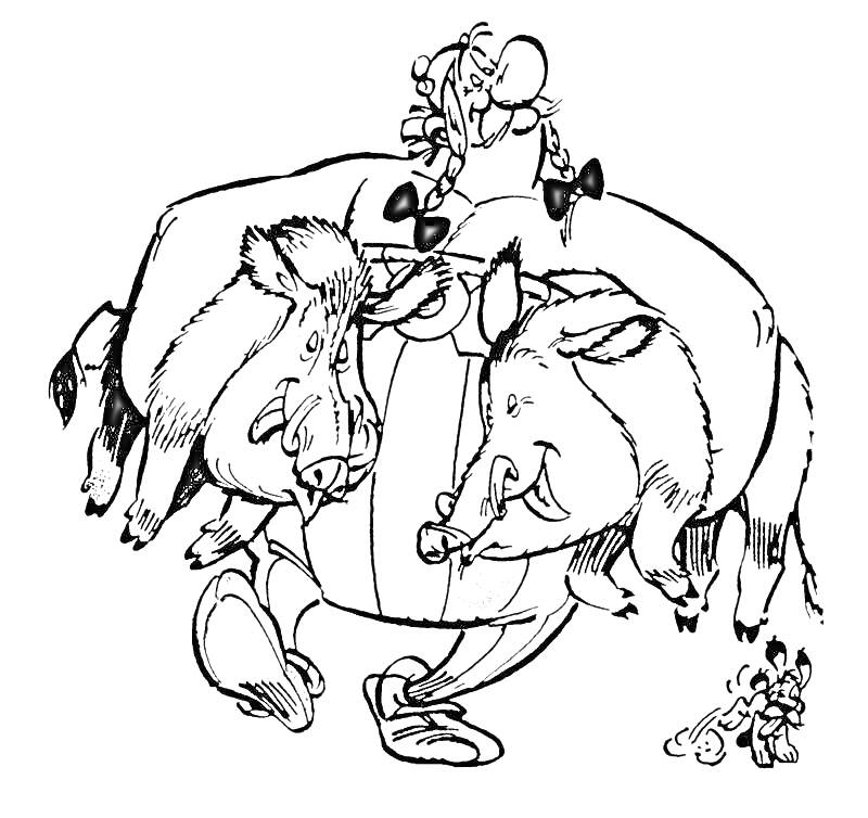 Раскраска Обеликс с двумя кабанами на плечах, Астерикс рядом