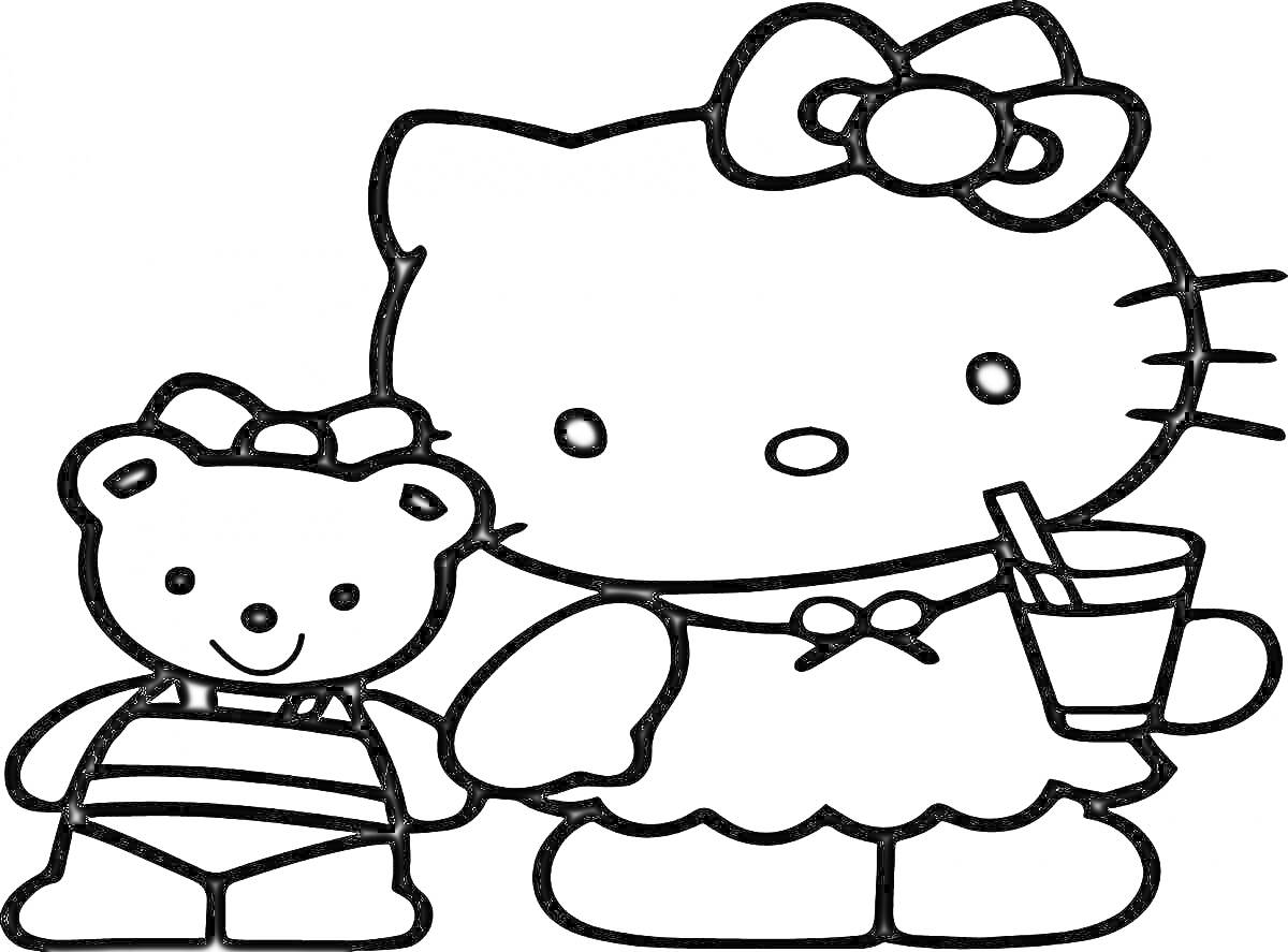 Раскраска Хеллоу Китти и медвежонок с бантиками, в руках стаканчик с трубочкой
