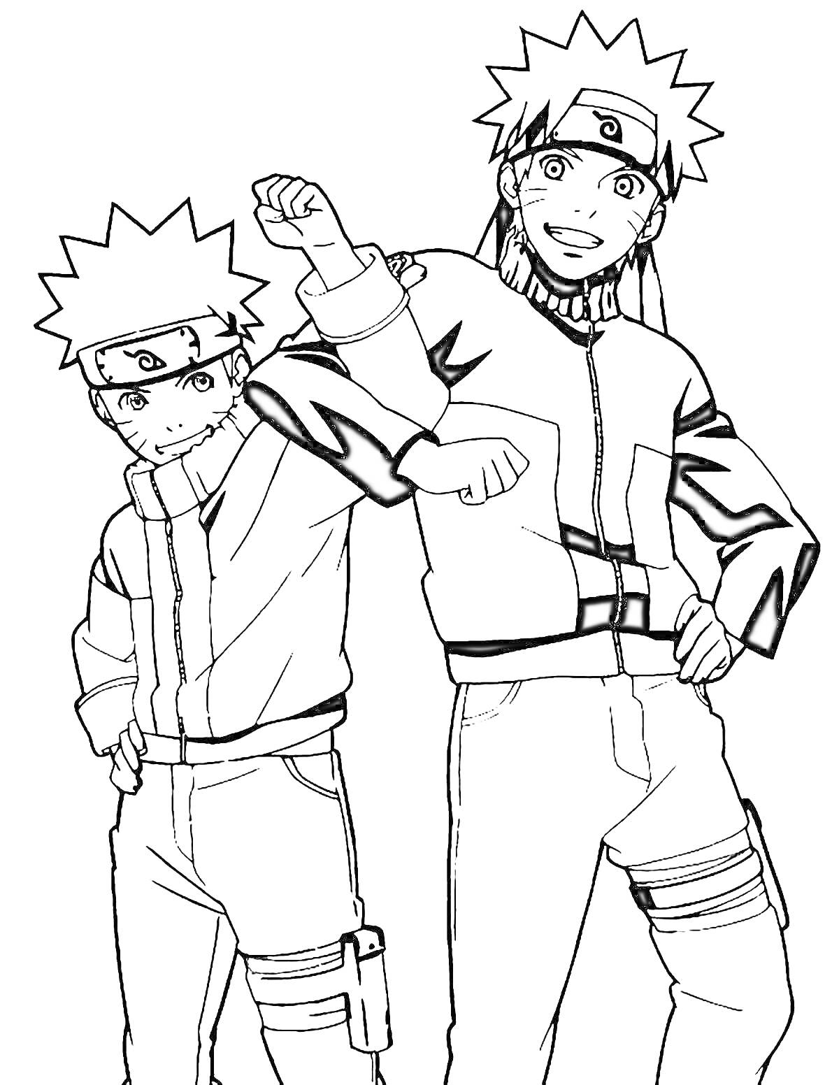 Раскраска Два персонажа из Наруто в спортивных костюмах, стоят рядом, один персонаж младше, другой старше, оба улыбаются.