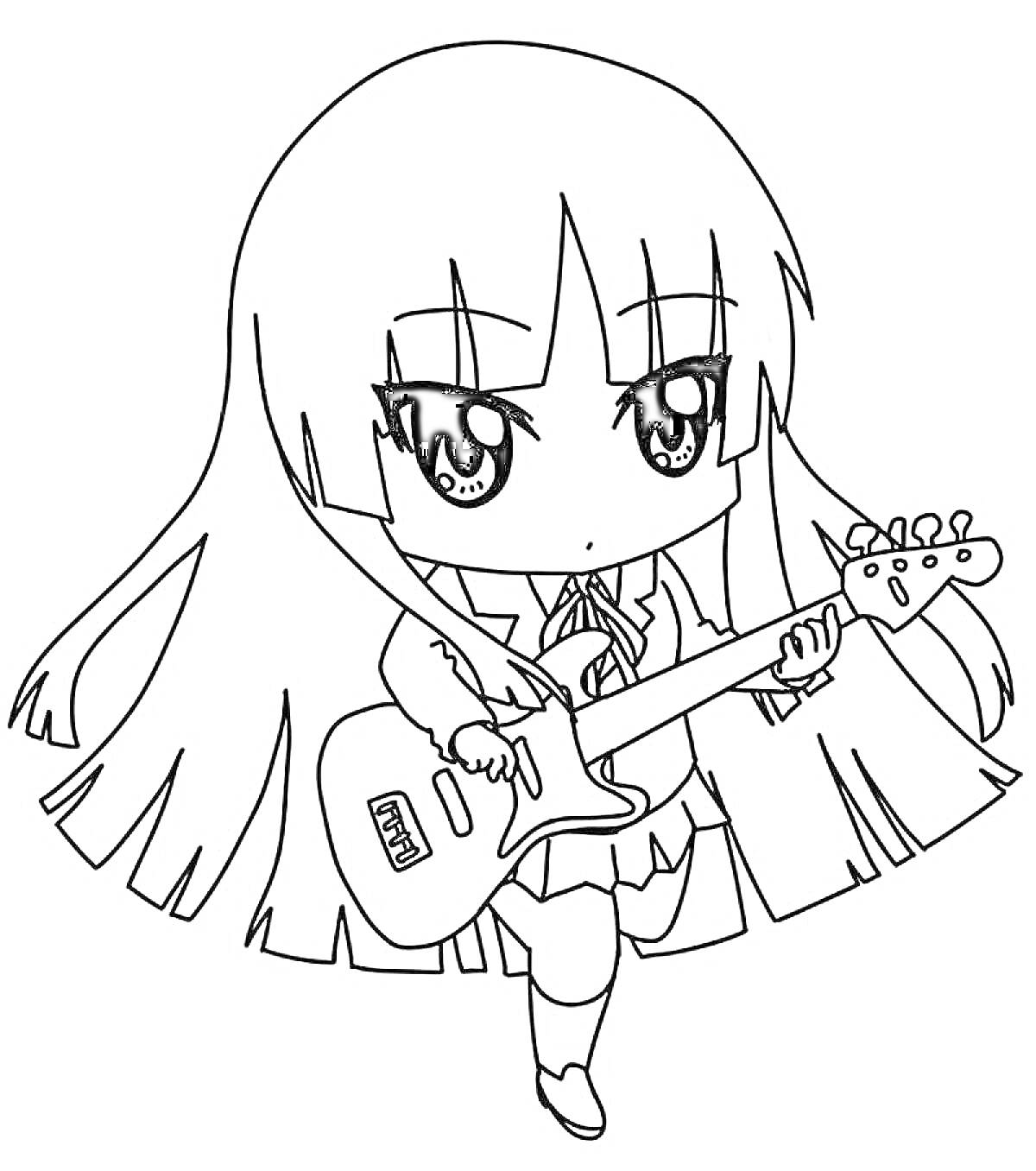 На раскраске изображено: Аниме, Девочка, Гитара, Длинные волосы, Школьная форма, Музыкальный инструмент