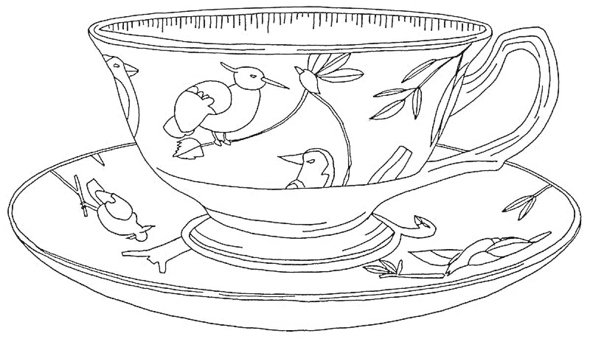 Раскраска Чайная пара с птицами и цветочками