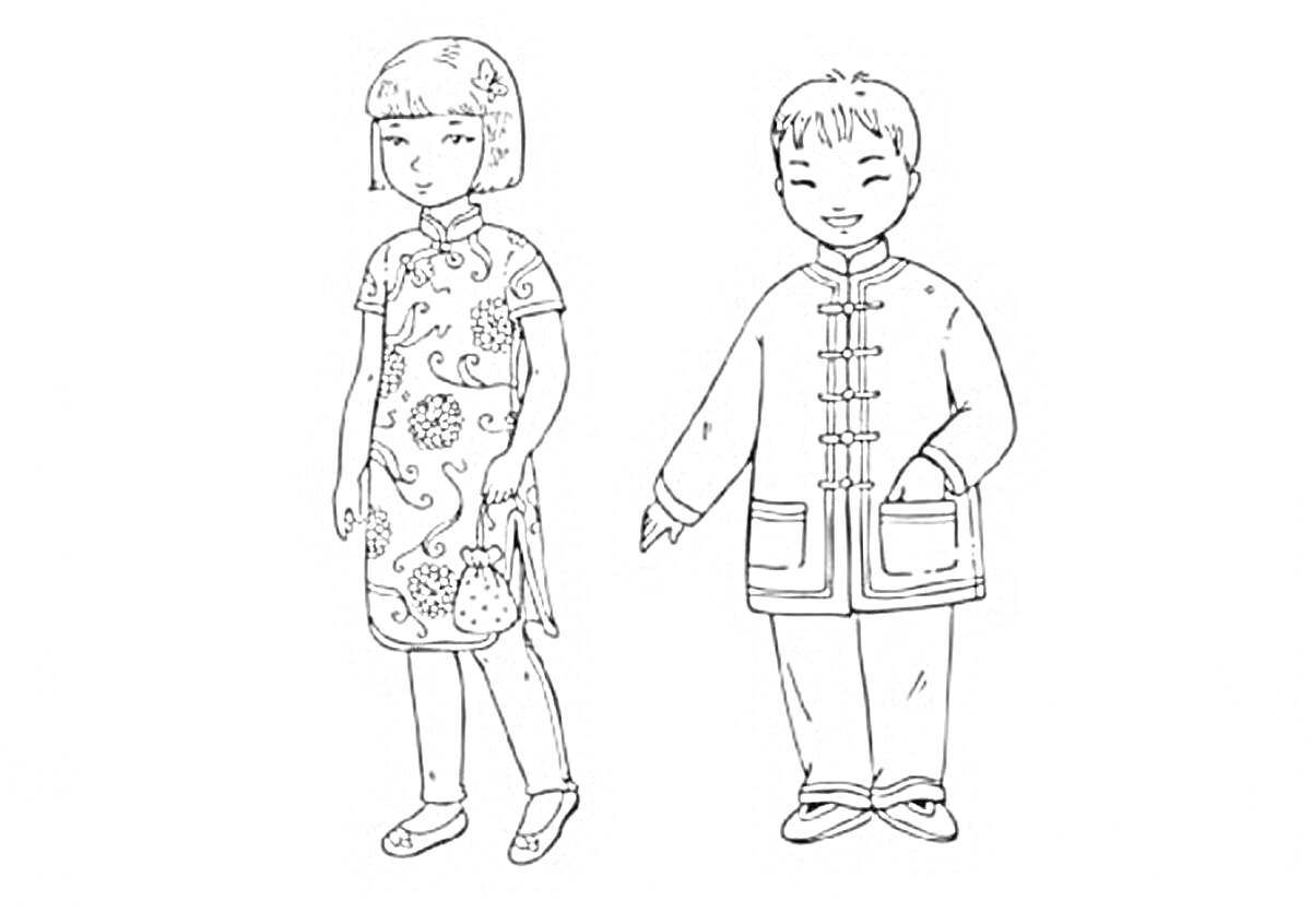 Раскраска Дети в традиционных китайских костюмах, девочка в ципао с узорами, мальчик в жакете с застежками и карманами