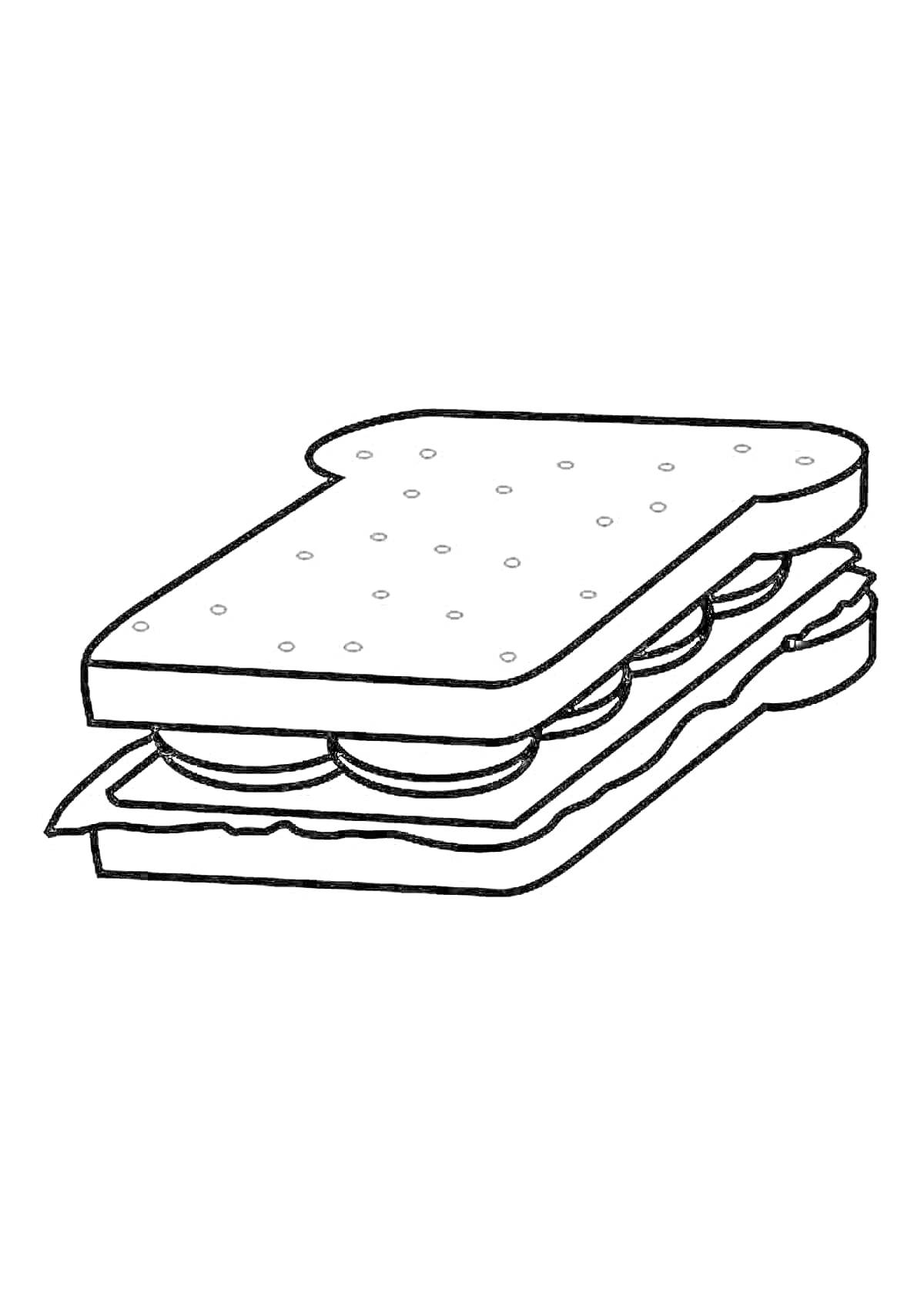 Раскраска Сэндвич с салатом и ломтиками помидора между двумя ломтиками хлеба