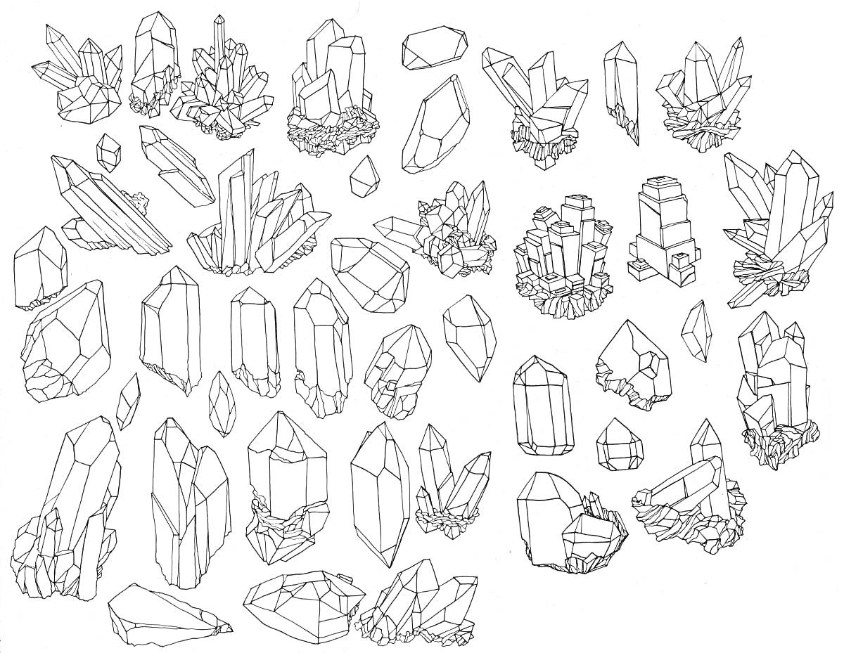 На раскраске изображено: Кристаллы, Минералы, Геометрия, Отростки, Драгоценные камни, Элементы природы