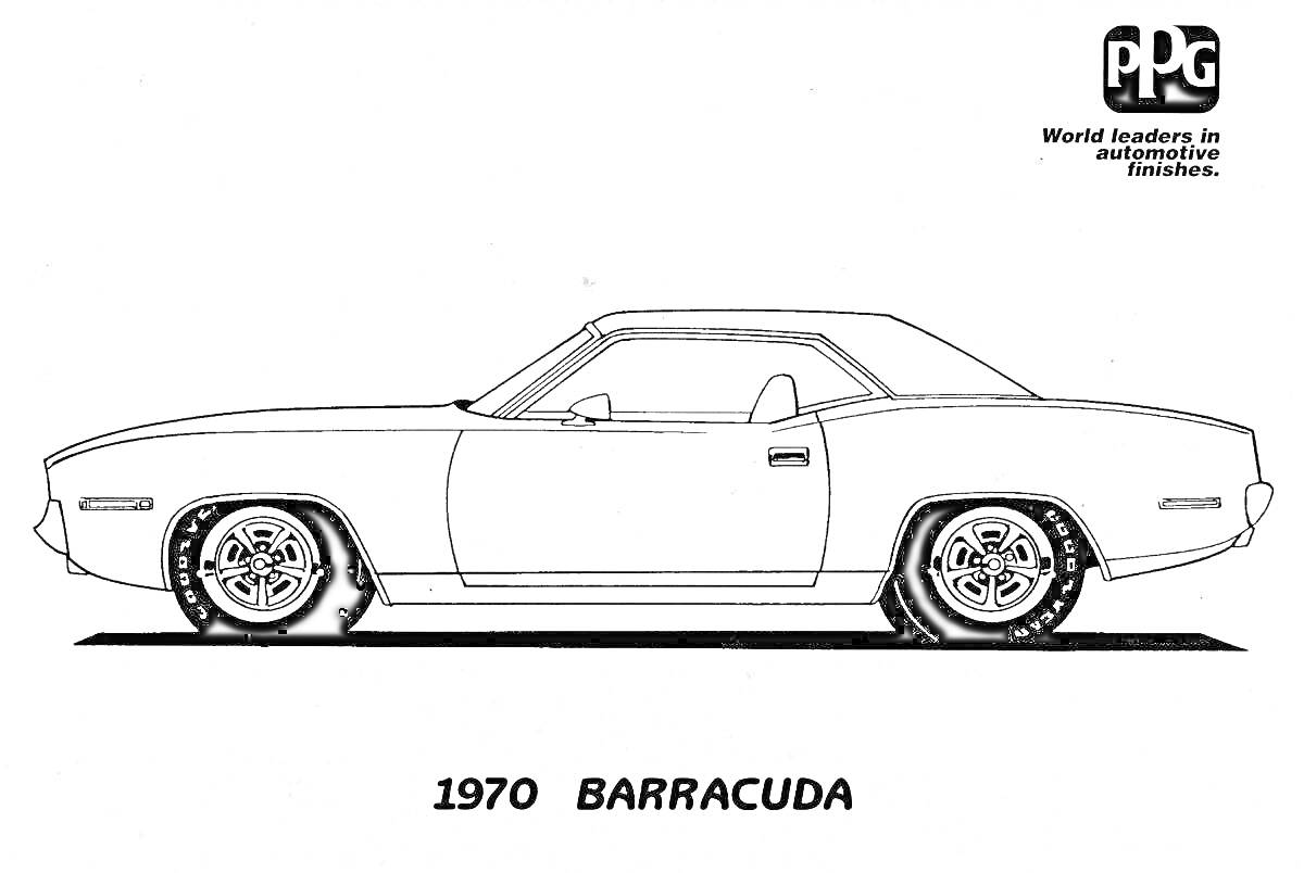 Раскраска 1970 Barracuda - вид сбоку, логотип PPG в верхнем правом углу