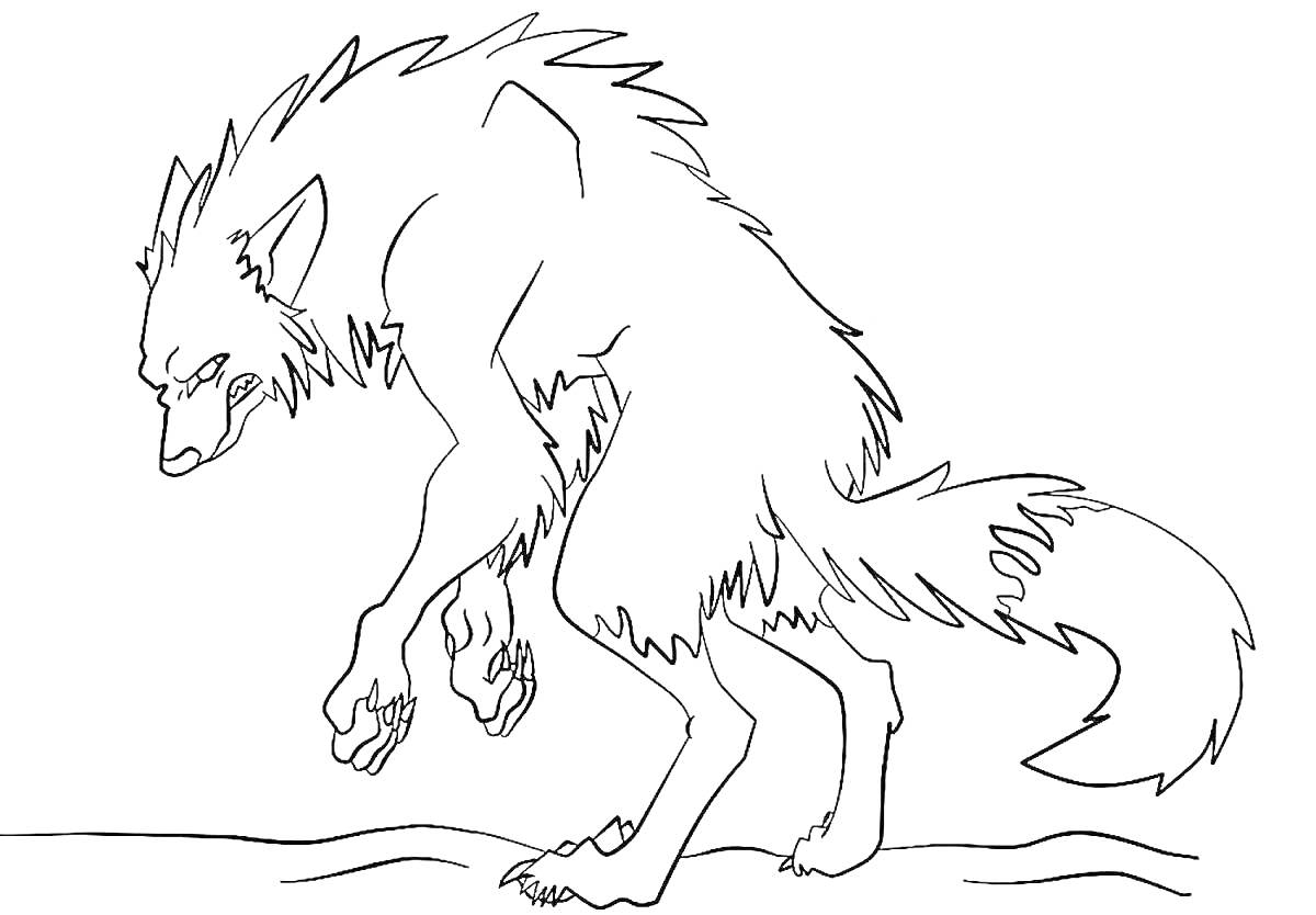 Раскраска Злой волк с грозным видом на земле, силуэт с поднятыми передними лапами.