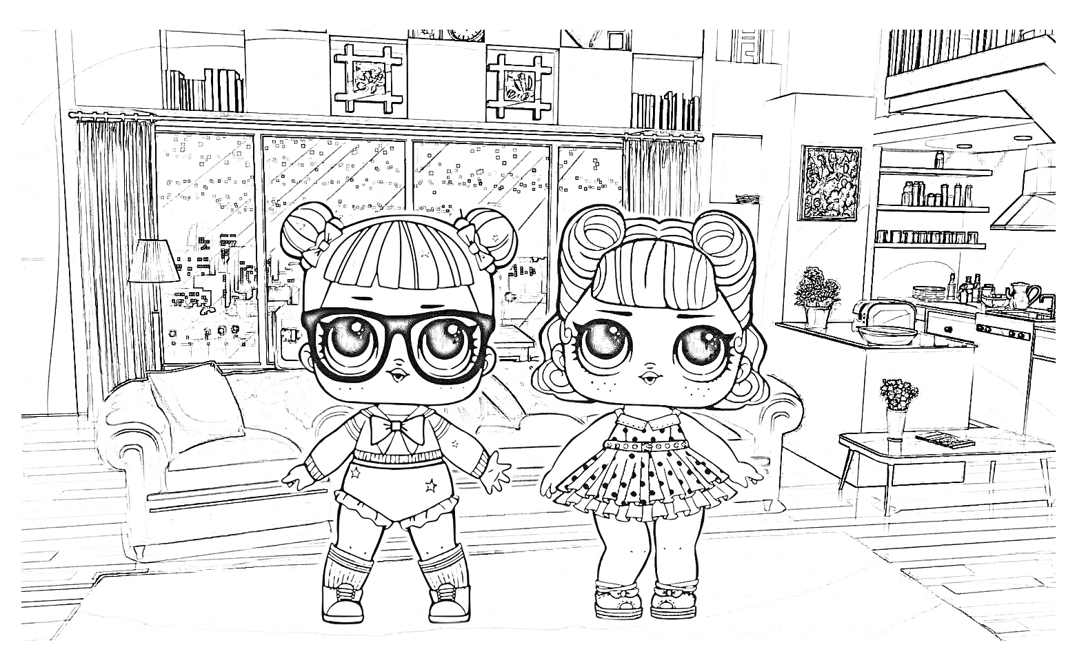 Раскраска Две куколки ЛОЛ в гостиной с диваном и кухней на заднем плане