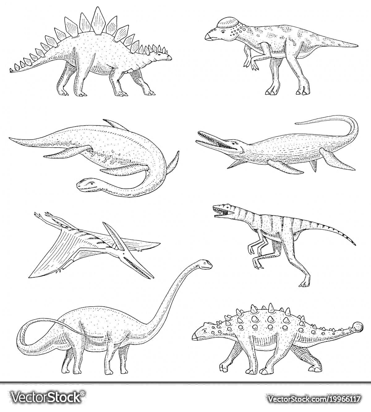 На раскраске изображено: Стегозавр, Паразауролоф, Мозазавр, Птеранодон, Велоцираптор, Брахиозавр, Анкилозавр, Доисторические существа